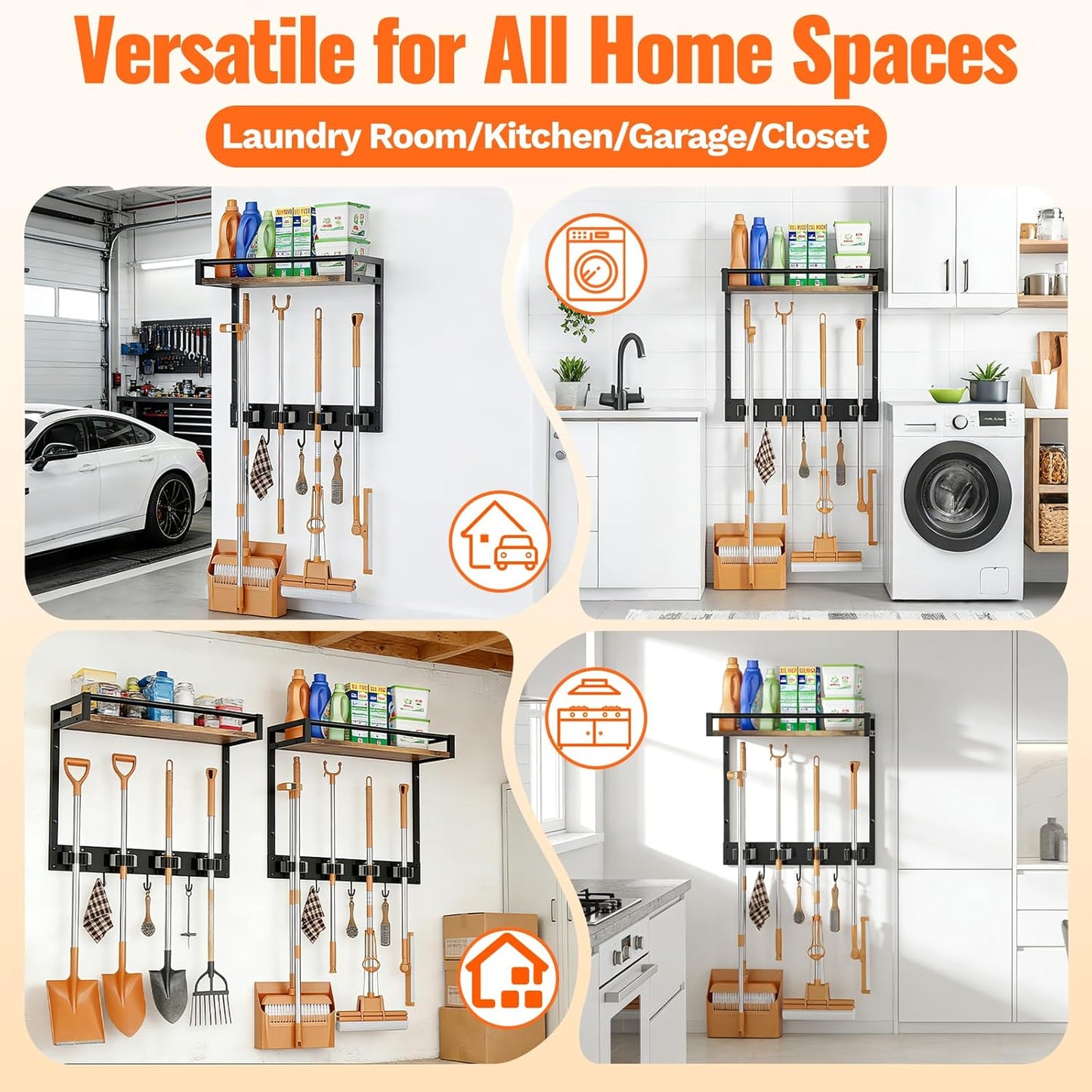 Broom Holder Wall Mount with Shelf Load 66LBS Broom and Mop Organizer Wall Hanging Broom Hanger with 4 Mop Hanger Grippers, 3 Hooks for Laundry Room, Garage, Utility Closet, Kitchen, 1 Pack
