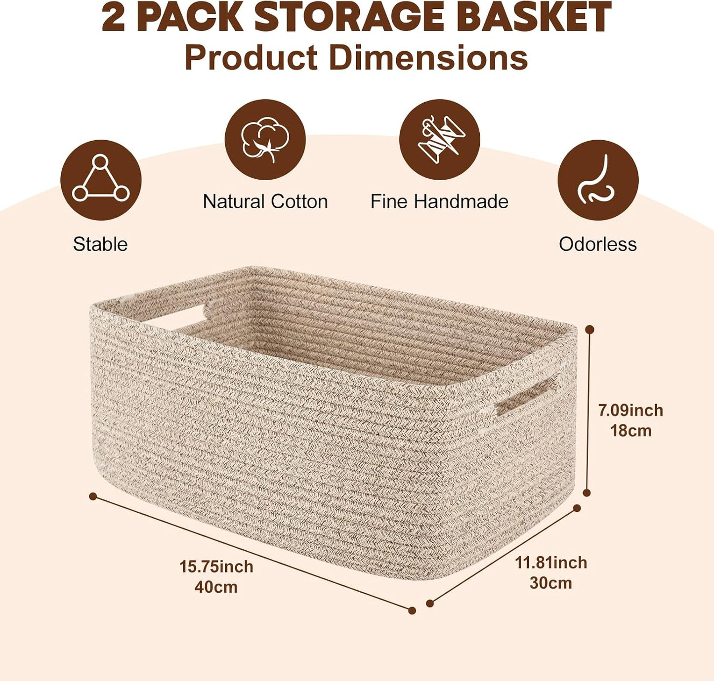 OIAHOMY Storage Basket for Shelves, Closet Cube Storage Bins Baskets for Clothes Blanket Towels, Baby Nursery, Toy Baskets Box, Woven Rope Basket, 15.75 * 11.81 * 7.09 IN, 2 Packs Brown
