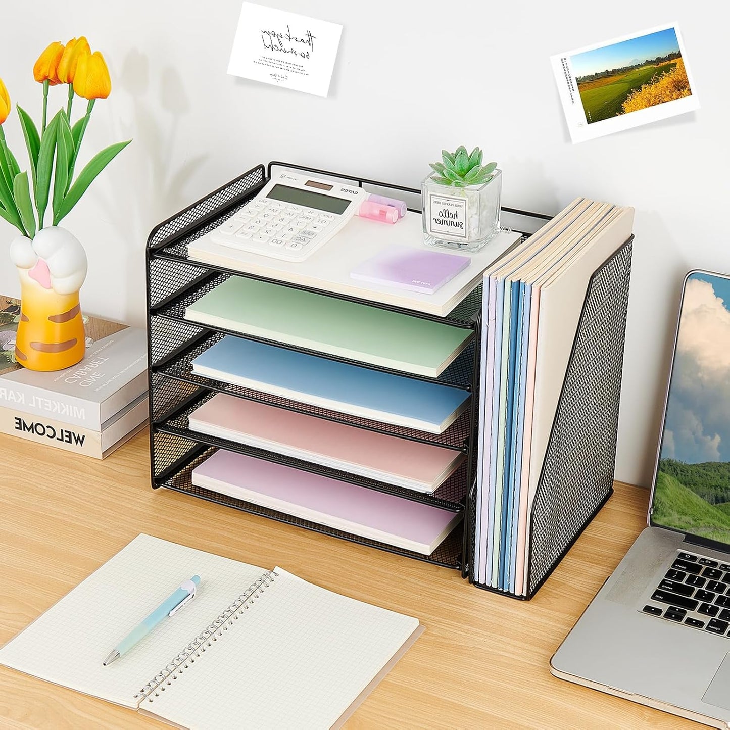 OPNICE Desk Organizers and Accessories, 5-Tier Paper Organizer Letter Tray with Magazine Holder, Office Desk Accessories & Workspace Organizers, Desktop File Organizer for Office Supplies, Black
