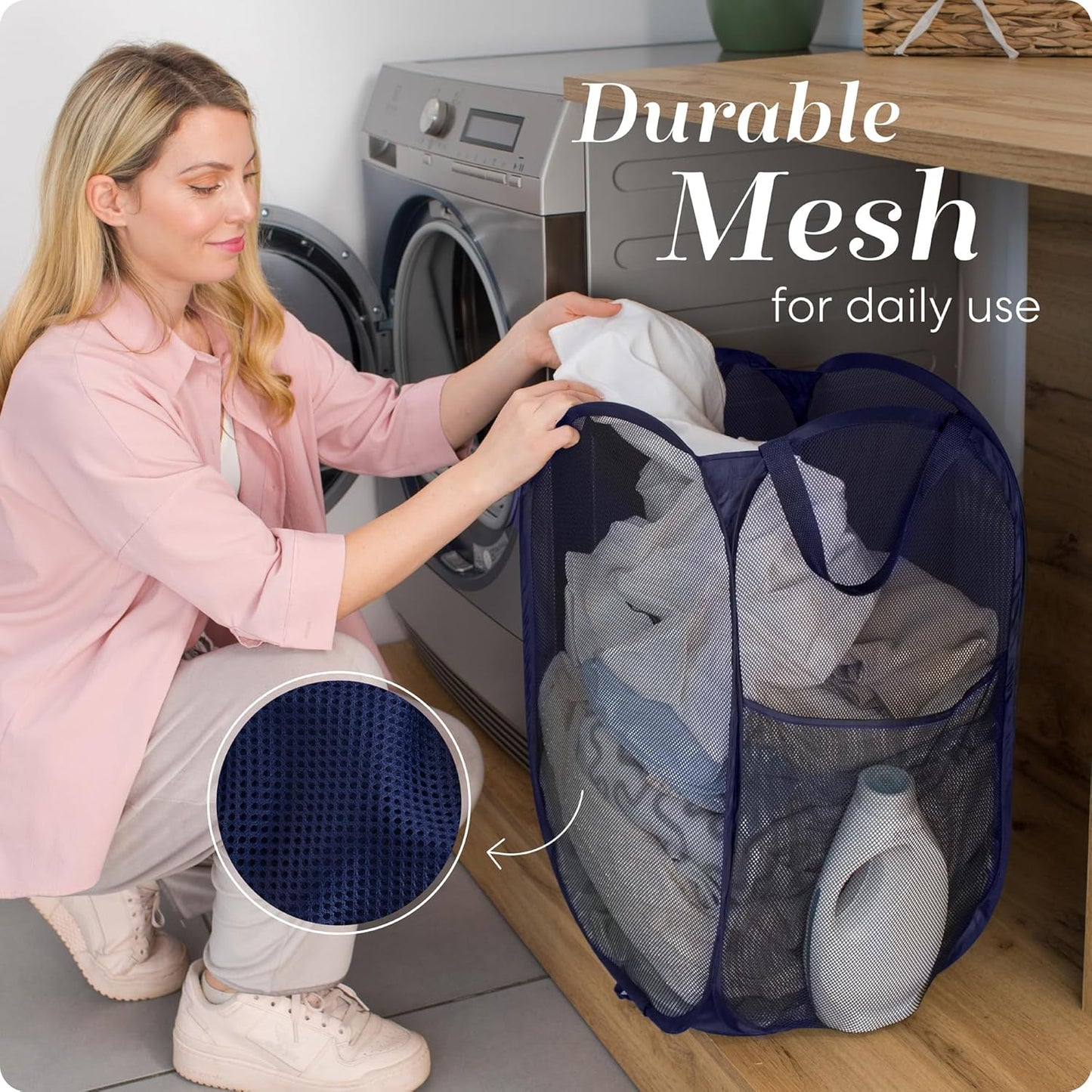 Handy Laundry Collapsible Mesh Pop Up Laundry Hamper 2-Pack – Large Foldable Laundry Basket with Side Pocket, Breathable & Durable, Space-Saving for Clothes, Toys, Travel, Dorm, Bedroom, Blue