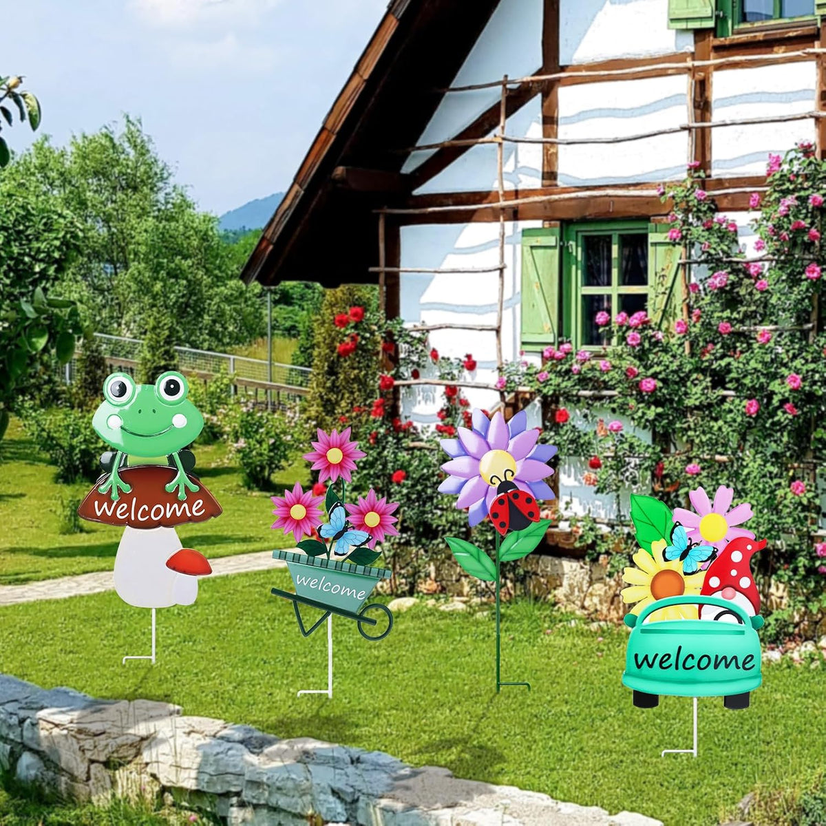 WONDER GARDEN Outdoor Garden Stakes Welcome Decor, 4Pcs Flower Yard Signs