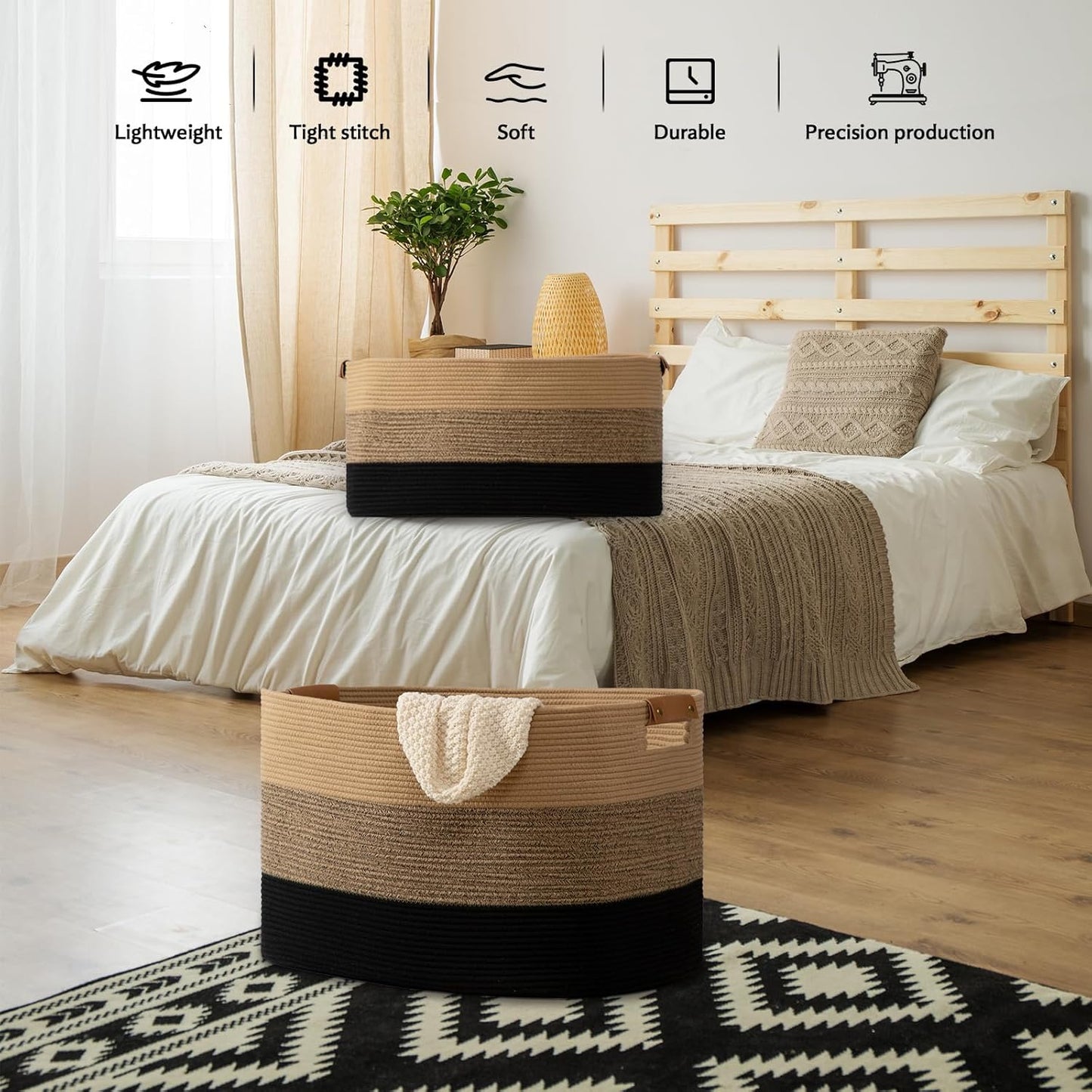 danpinera Large Blanket Basket for Living Room,72 L Rectangle Toy Storage Basket for Nursery Room, Woven Rope Storage Box with Leather Handle, 22’’*17’’*11.8’’, Gradient Linen