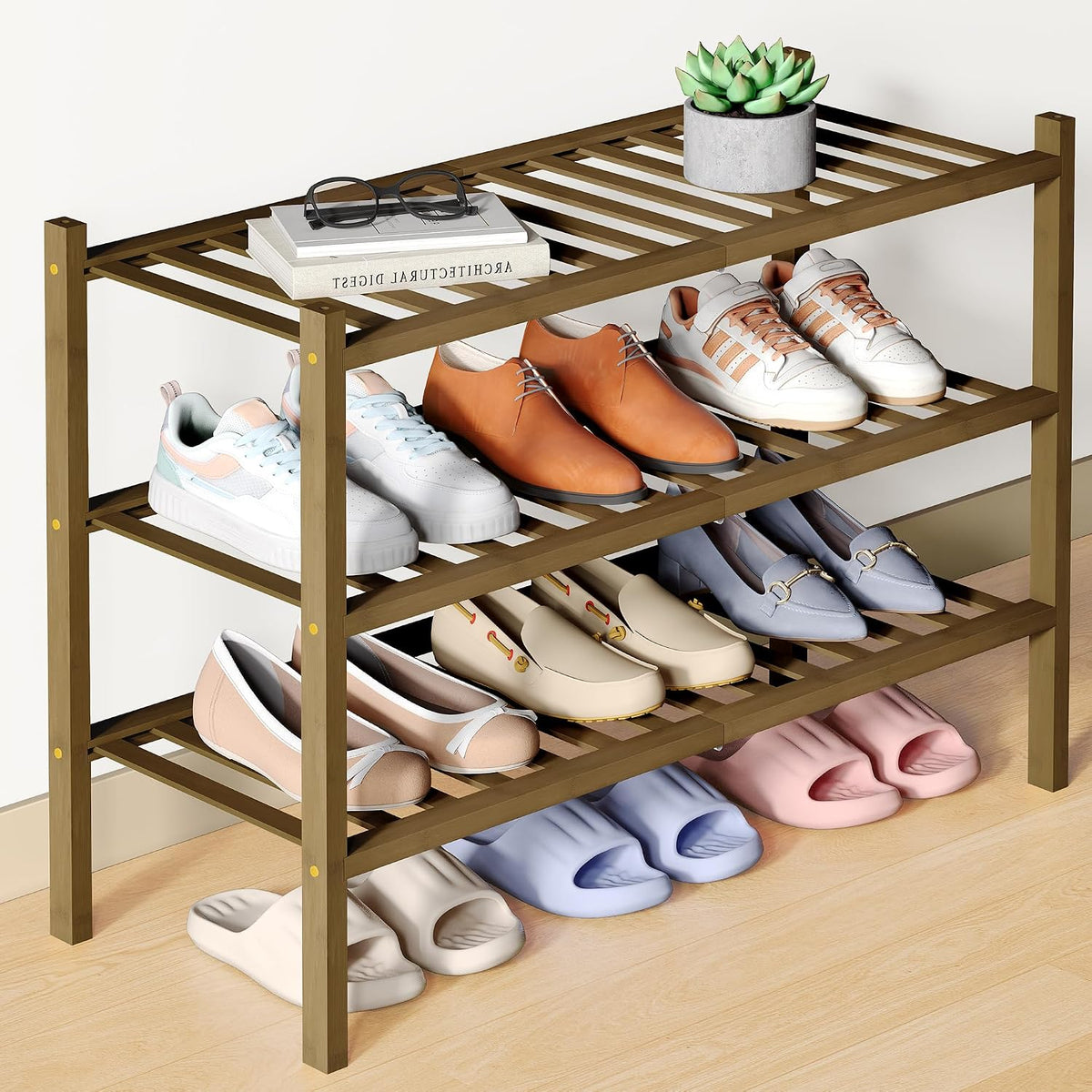 Smiry Bamboo Shoe Rack for Closet, 2 Tier - 26.77" Wide, White