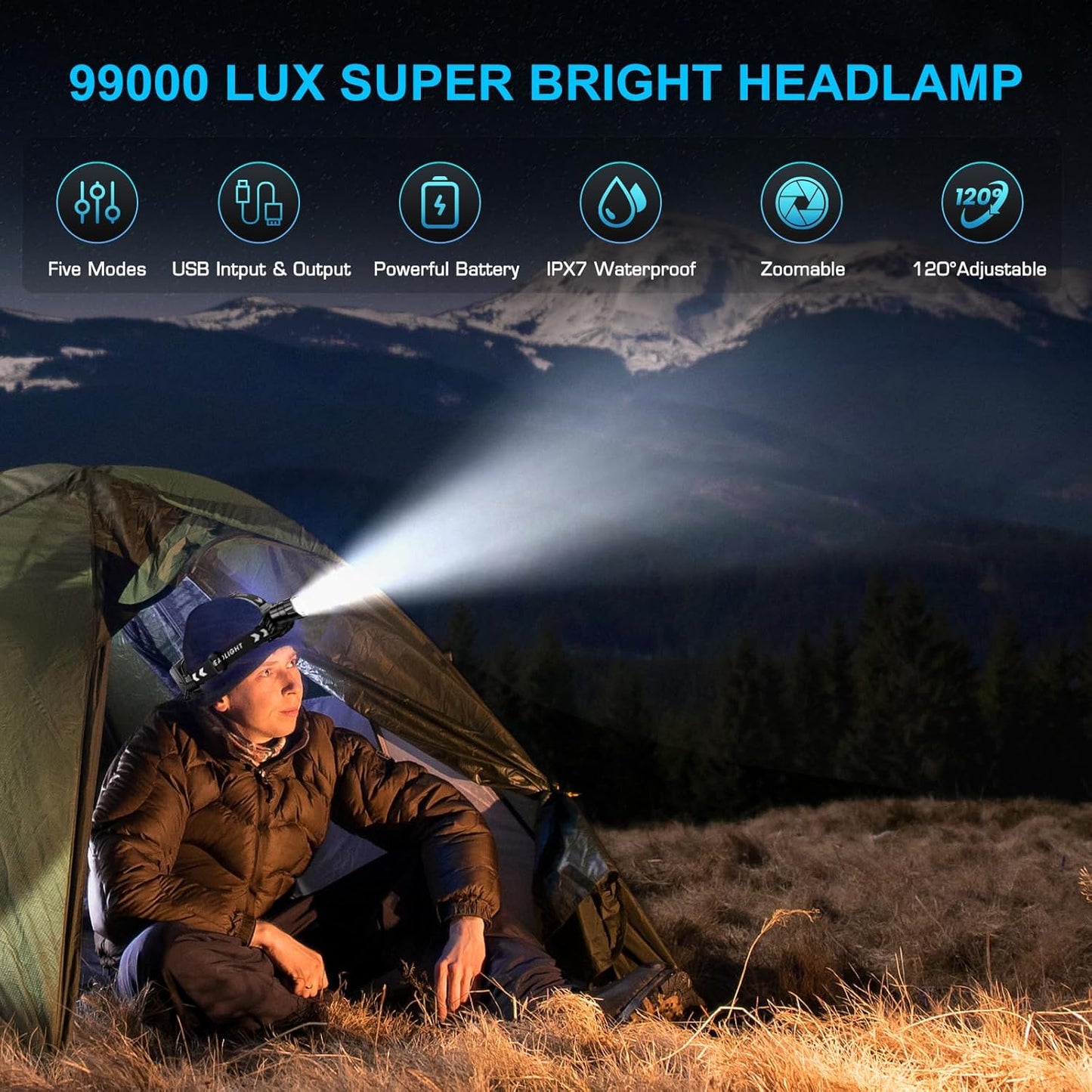 Sinvimes 99000 High Lux LED Rechargeable Headlamp, 95H Long Battery Life Head Lamp with 5 Modes & IPX7 Waterproof & Zoomable, 125° Adjustable Head Light for Adults, Outdoor, Camping, Hardhat