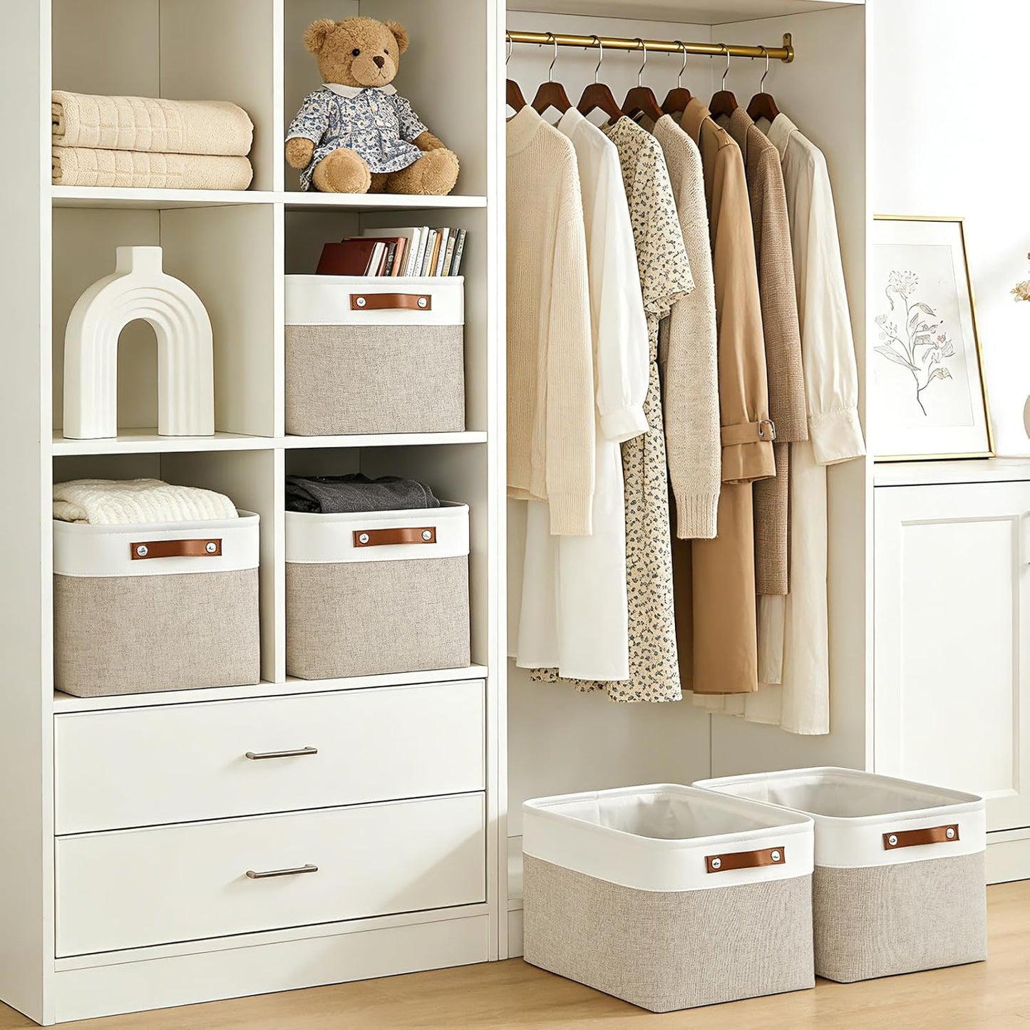 Bagnizer Storage Bins Large Fabric Storage Baskets for Shelves 3 Pack, Decorative Linen Closet Baskets with Handles for Organizing, Shelf, Clothes, Home, Office, 15x11x9.5Inches (Beige&White)