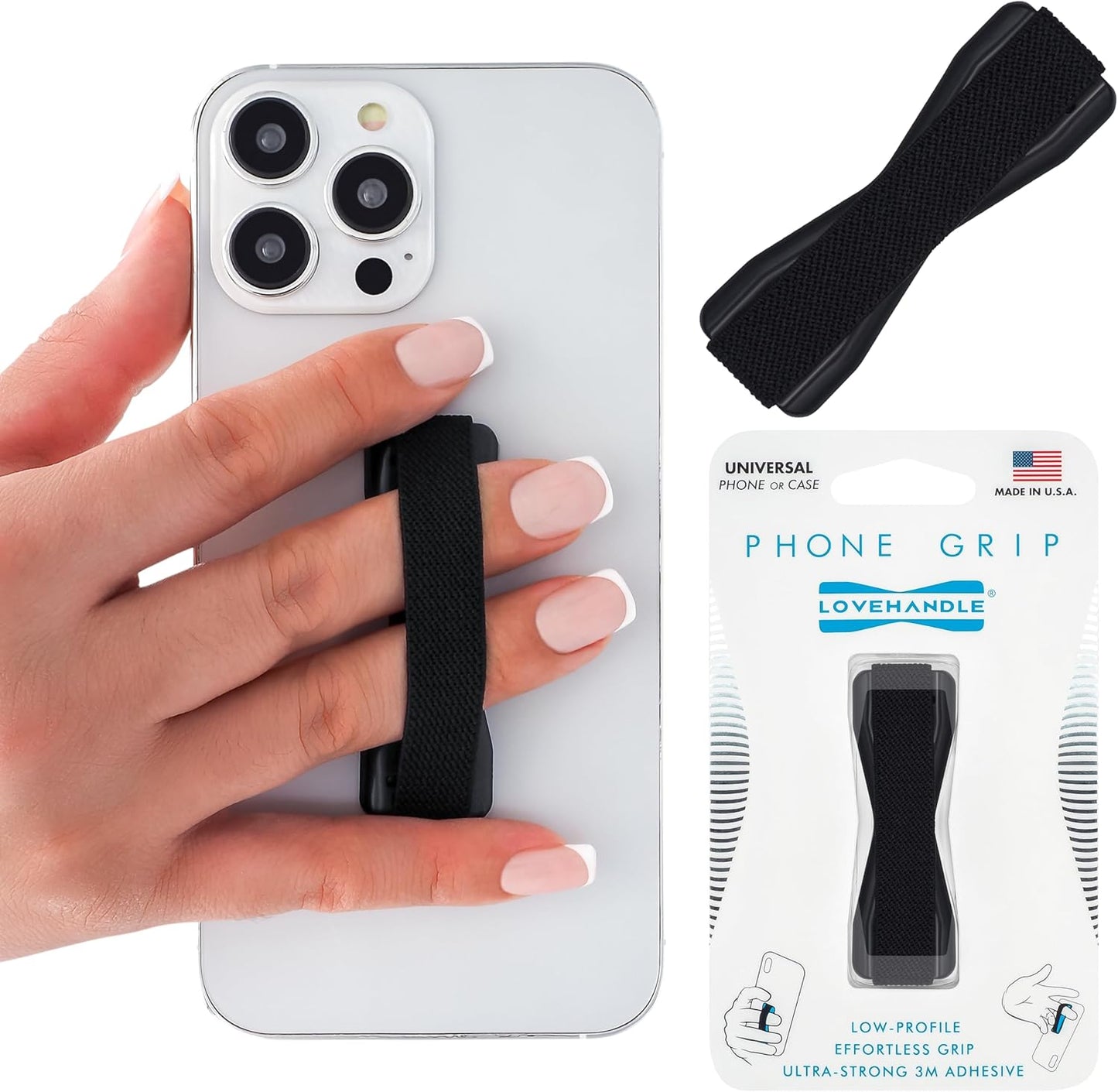 LOVEHANDLE Universal Phone Grip for Smartphones & Mini Tablets - Phone Holder for Hand - Wireless Charging Compatible - Made in The USA - Solid Black