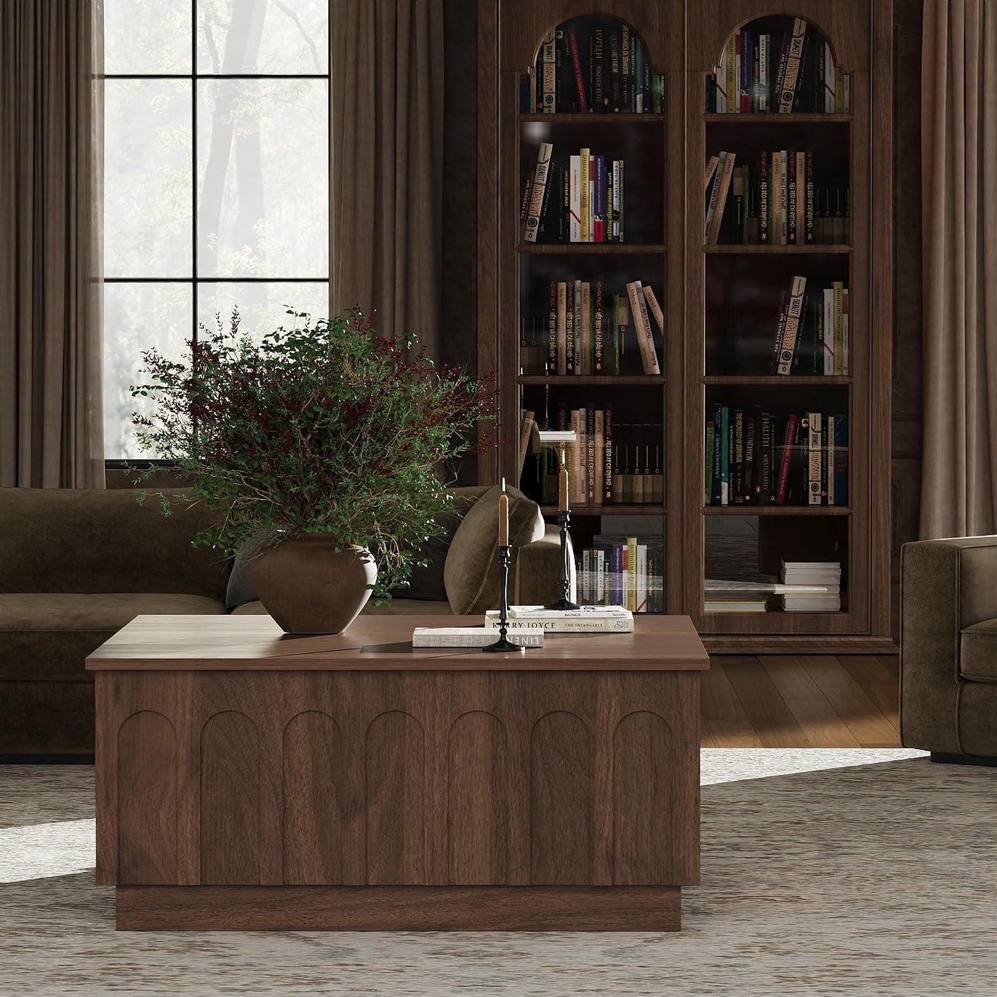 FORTUNETEC 31.5" Lift Top Coffee Table with Storage, Arched Design, Walnut | Mid Century Modern Coffee Table, Square Tea Table, Multifunctional Center Table, Wood Grain Texture, Living Room, Office