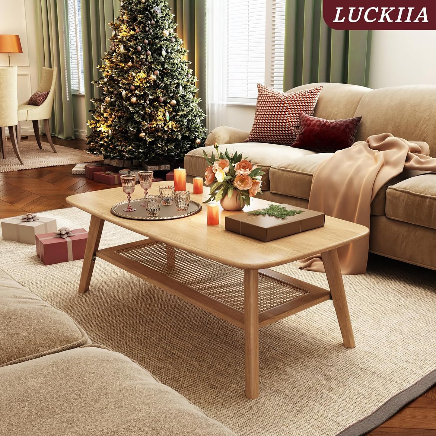 Coffee Table Small Solid Wood Center Table Mid Century Vintage Living Room Coffee Table, Original Rattan 47.24 Inch