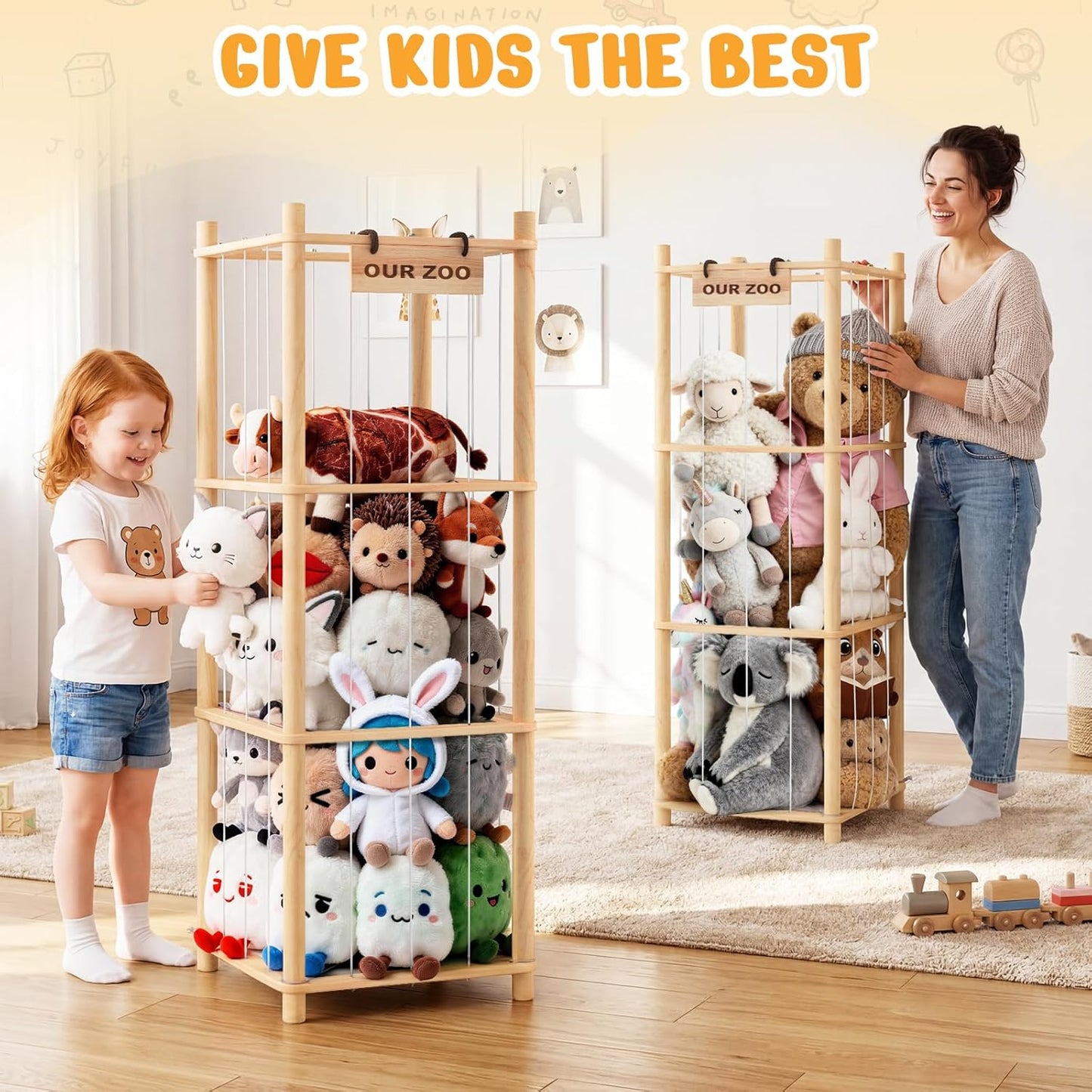 Woodure Stuffed Animal Storage & Organizer, Wooden Cute Zoo Toy Holder for Toddler Rooms, Playrooms & Bedrooms(2pcs)