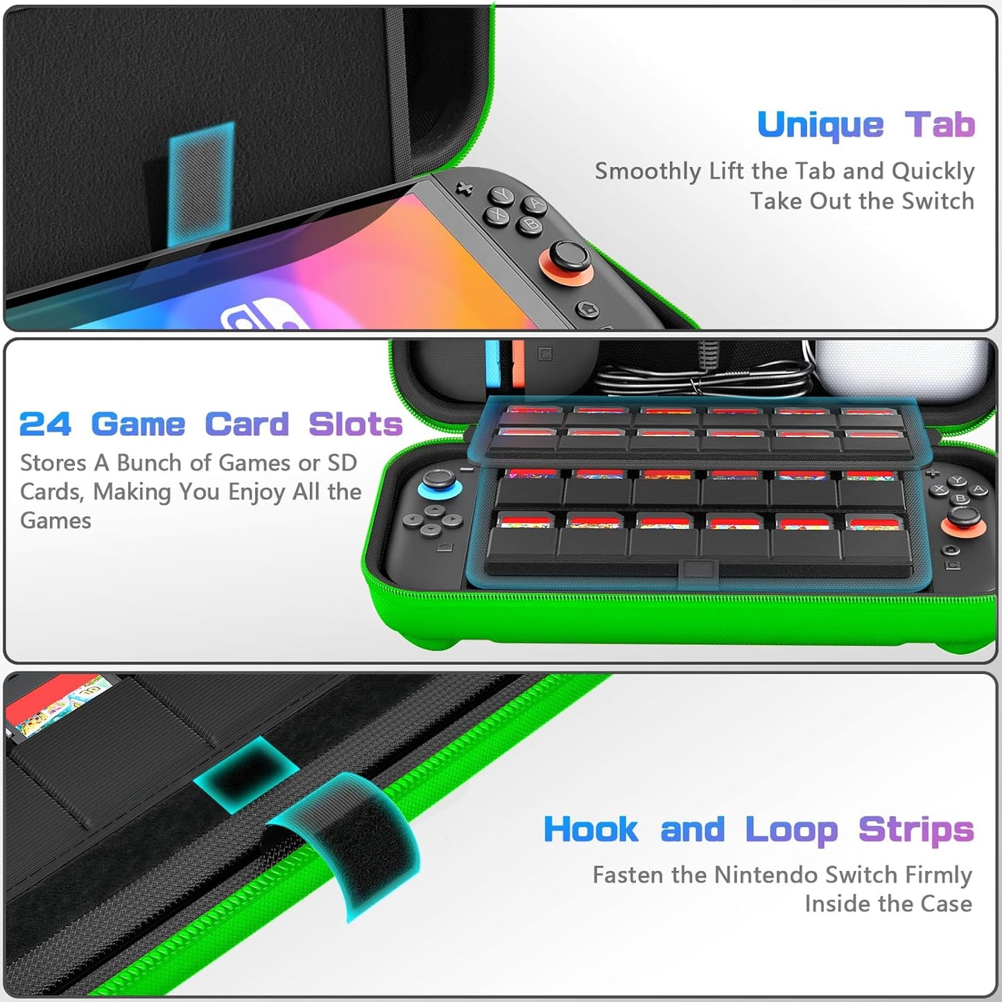 daydayup Switch Carrying Case Compatible with Nintendo Switch 2, with 24 Games Cartridges Protective Hard Shell Travel Carrying Pouch DS Case Green
