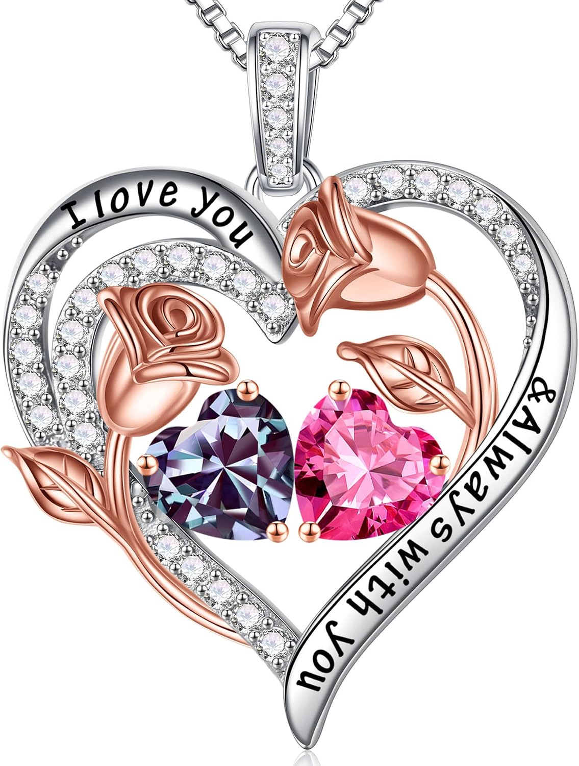 Iefil Birthstone Necklace for Women - Rose Heart Necklace