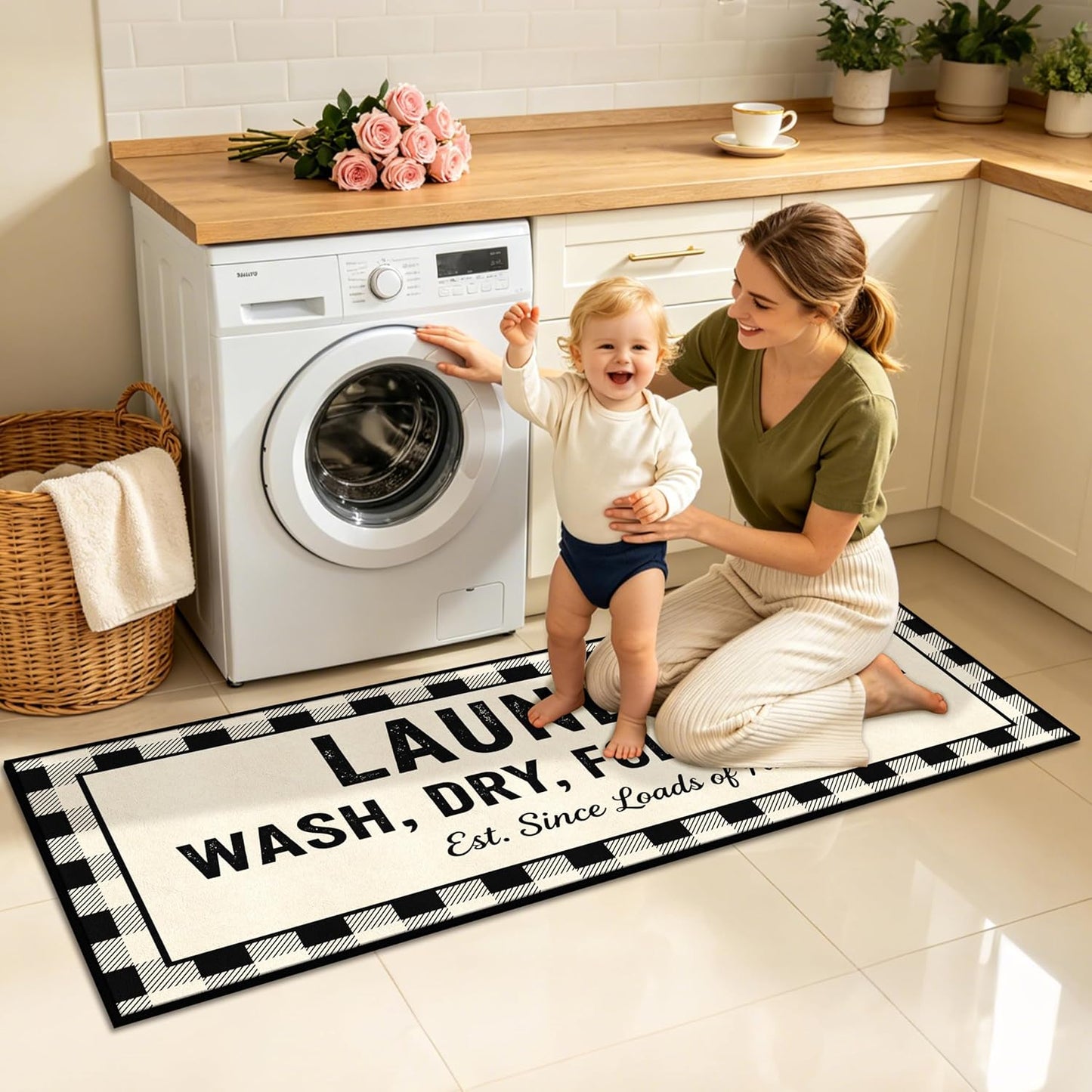 Washable Laundry Room Rug, 20"X47" Non Slip Laundry Mat Runner Soft Low-Pile Farmhouse Laundry Room Decor Area Rug for Kitchen Bathroom Buffalo Plaid