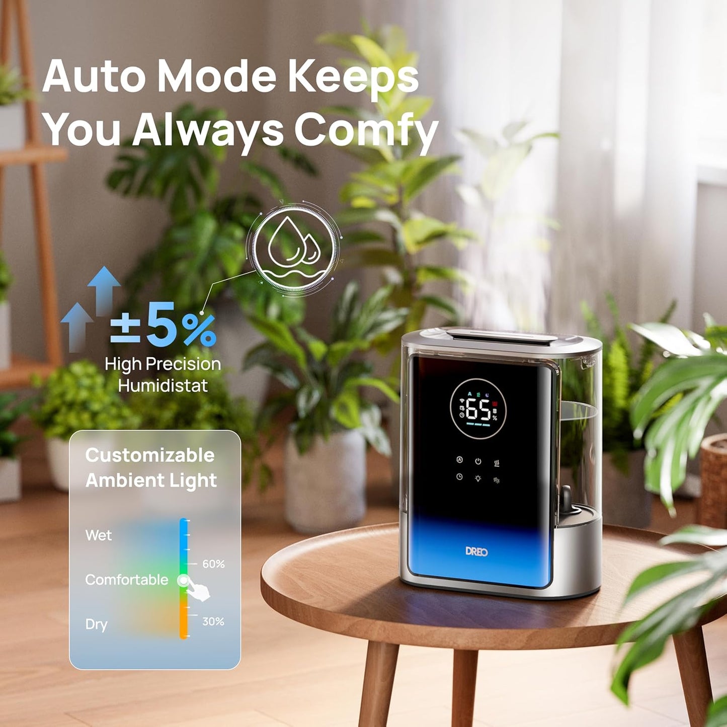 DREO 8L Smart Humidifier Large Room 600ft², HM717S, 80H Runtime Supersized Warm and Cool Mist Humidifiers for Bedroom Baby, 28dB Quiet Air Humidifier for Plants Indoor, Home, Whole House, Silver