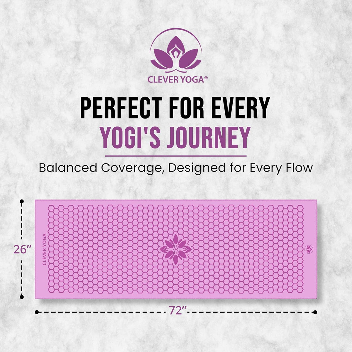 Clever Yoga Hot Yoga Mat Towel – Non-Slip Grip for Hot Yoga, Sweat Absorbent, Honeycomb Silicone Grip, Stays Flat – Ideal for Pilates, Travel, Washable & Lightweight - Lilac