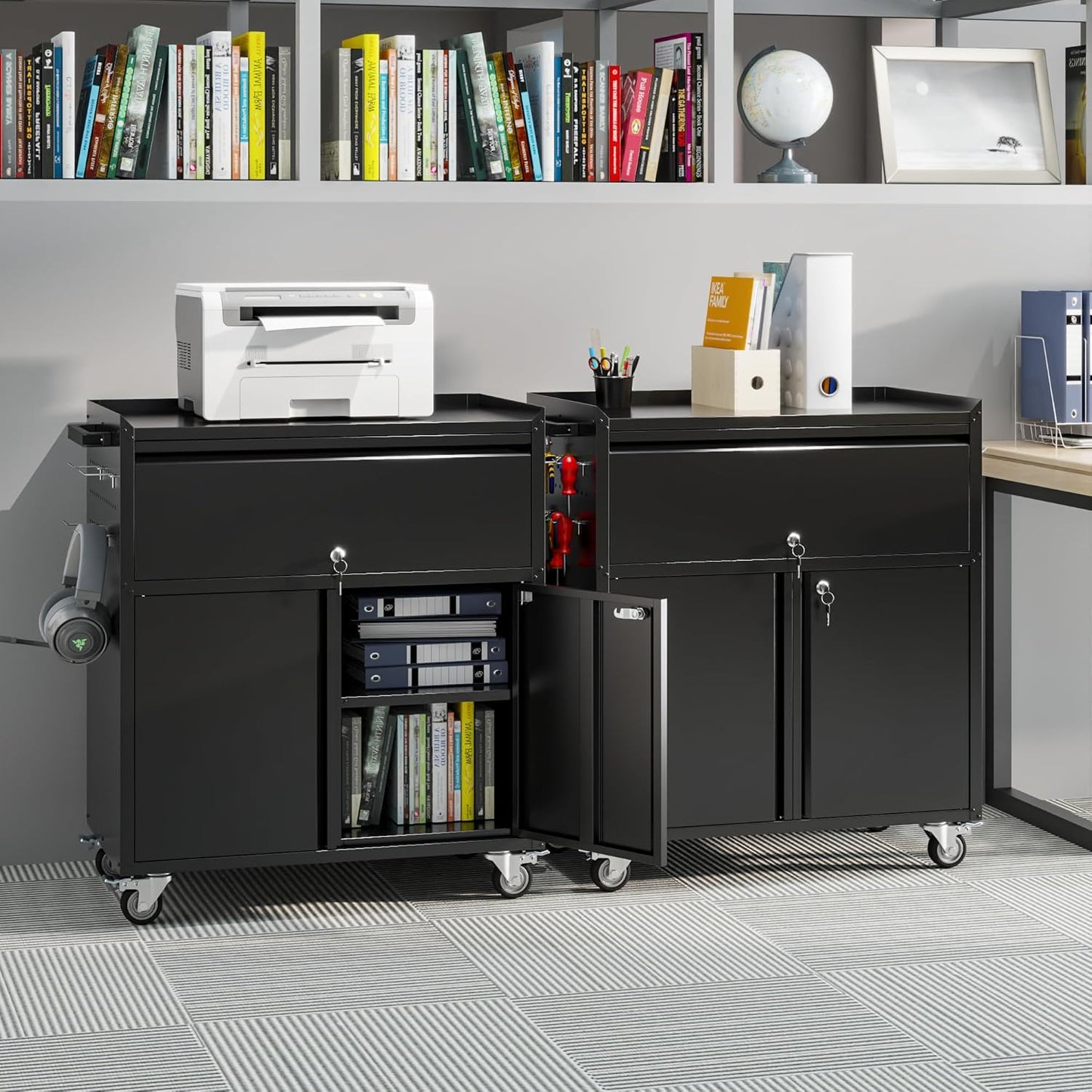 Aobabo Metal Garage Cabinet on Wheels with 1 Drawer,Assembly Required | 18.11"D x 30.31"W x 35.43"H with pegboard, 4 hooks, lockable drawer and doors, adjustable shelf, handle, and 4 casters