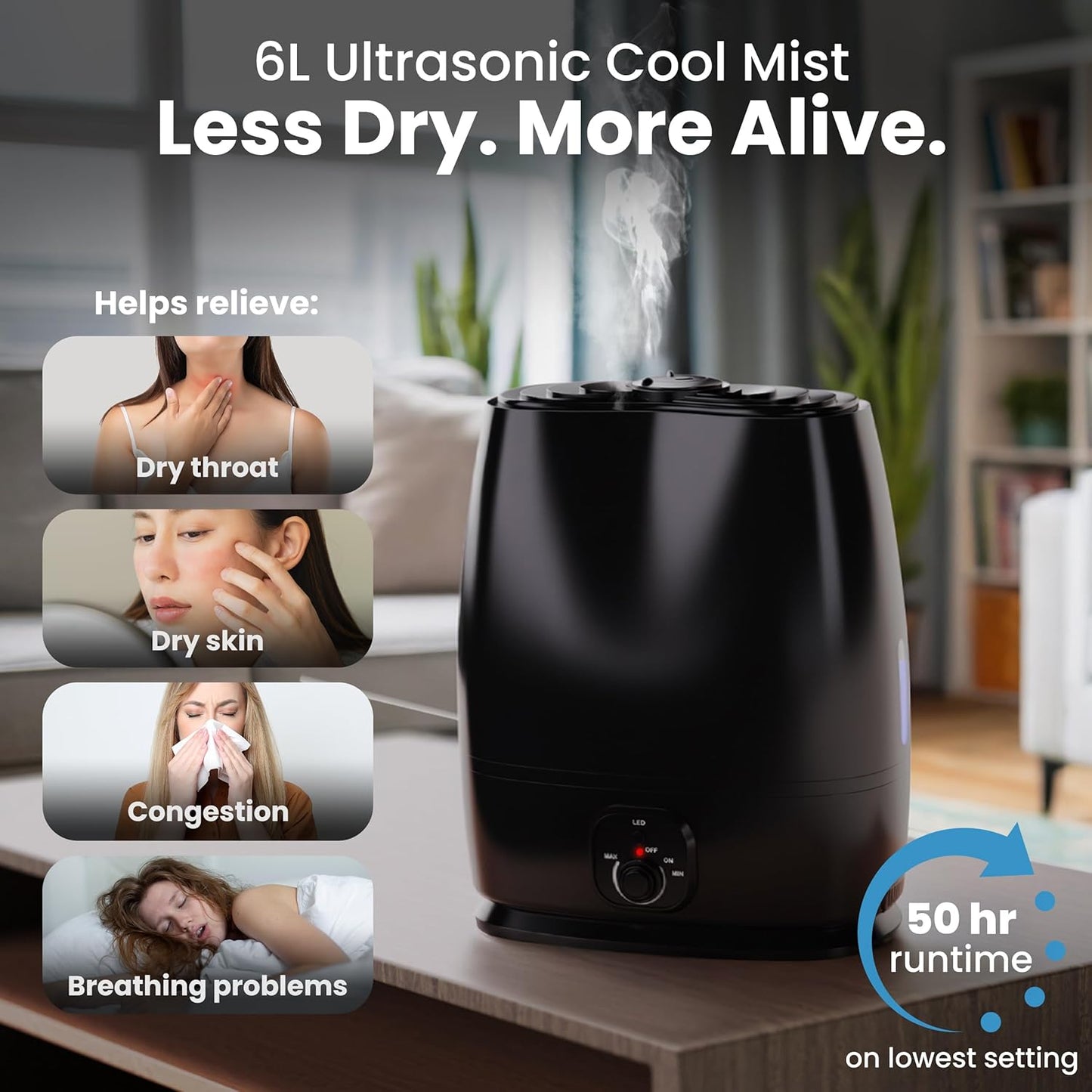 Everlasting Comfort 6L Humidifiers for Bedroom, Quiet 50HR Runtime No-Filter Supersized Cool Mist Humidifier Large Room for Whole House, Plants, Baby Nursery, Allergies, Dry Skin, Congestion, Indoor