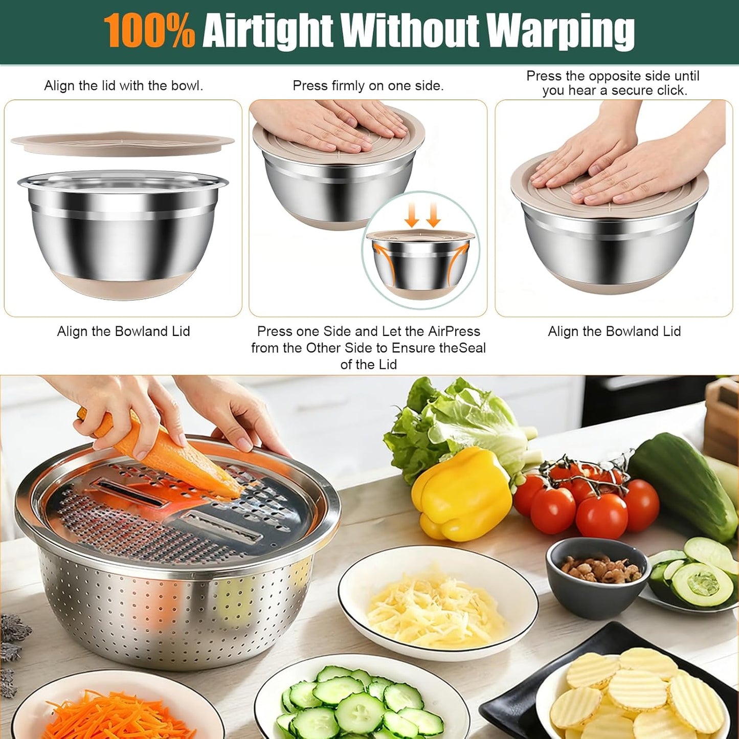 Stainless Steel Mixing Bowls Set with Lids & Silicone Base - 7-Piece Kitchen Gadgets Includes Colander, Grater, Egg Separator, Whisk - Nesting Bowls (1.5, 2, 2.5, 4.5 QT), Dishwasher Safe, Khaki