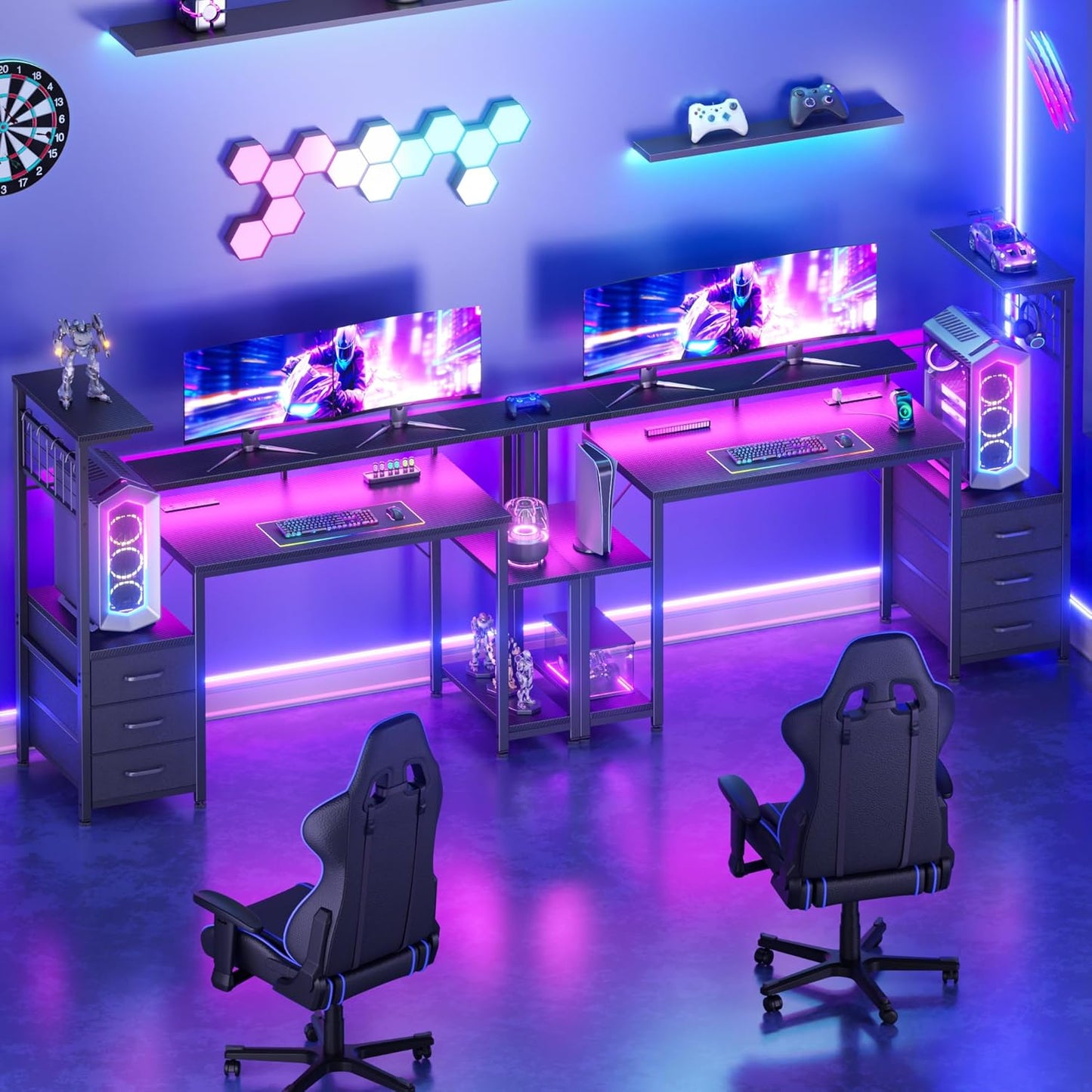 Korfile 48 Inch Gaming Desk with LED Lights & Power Outlets,Computer Desk with Fabric Drawers & Side Hook,Reversible Gamer Table with Monitor Stand for Game Room,Home Office,Carbon Fiber Black
