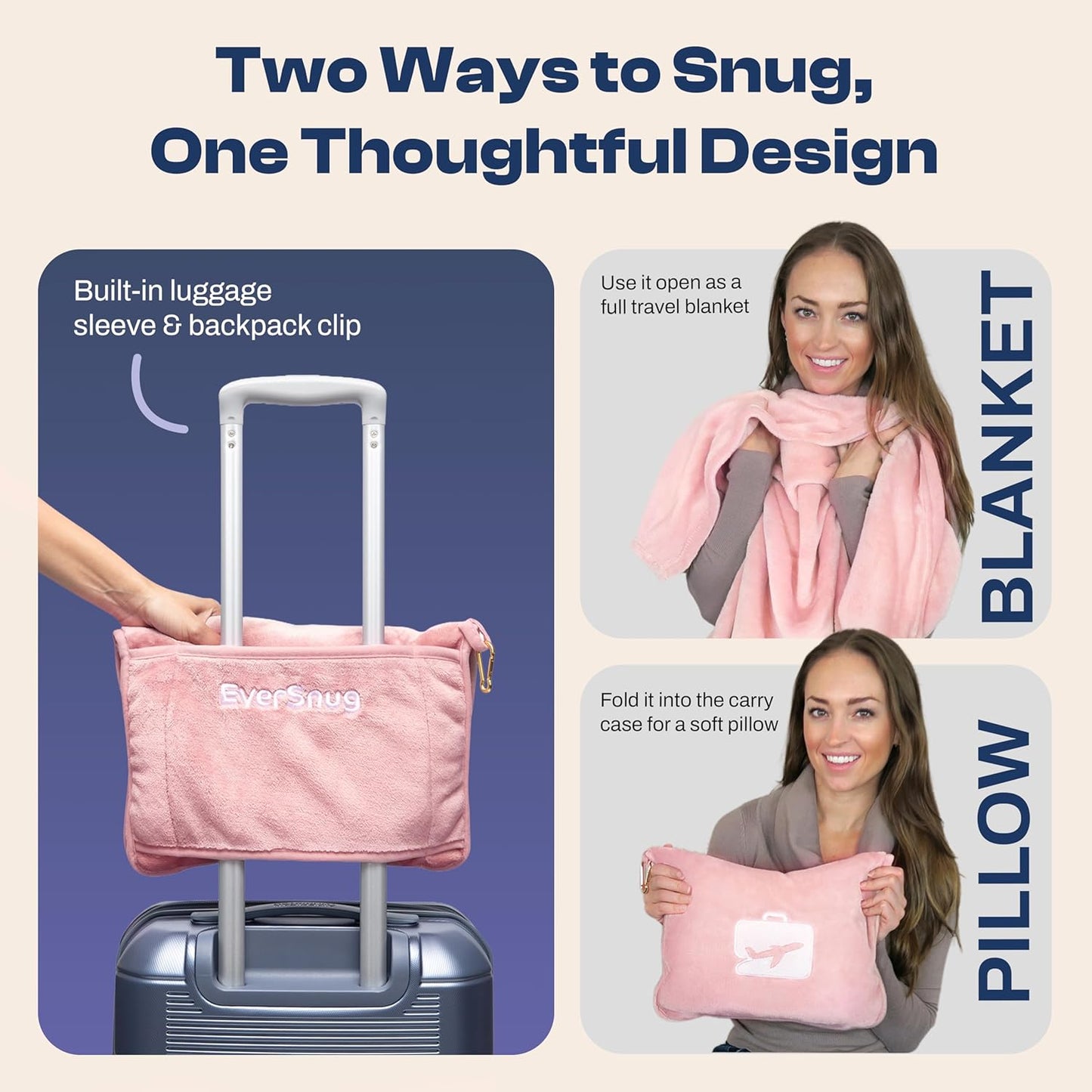 EverSnug Travel Blanket and Pillow - Ultra-Soft, Compact & Lightweight, 65x40 Inches, with Carry Case, Luggage Sleeve & Backpack Clip for Airplane Comfort (Light Pink)