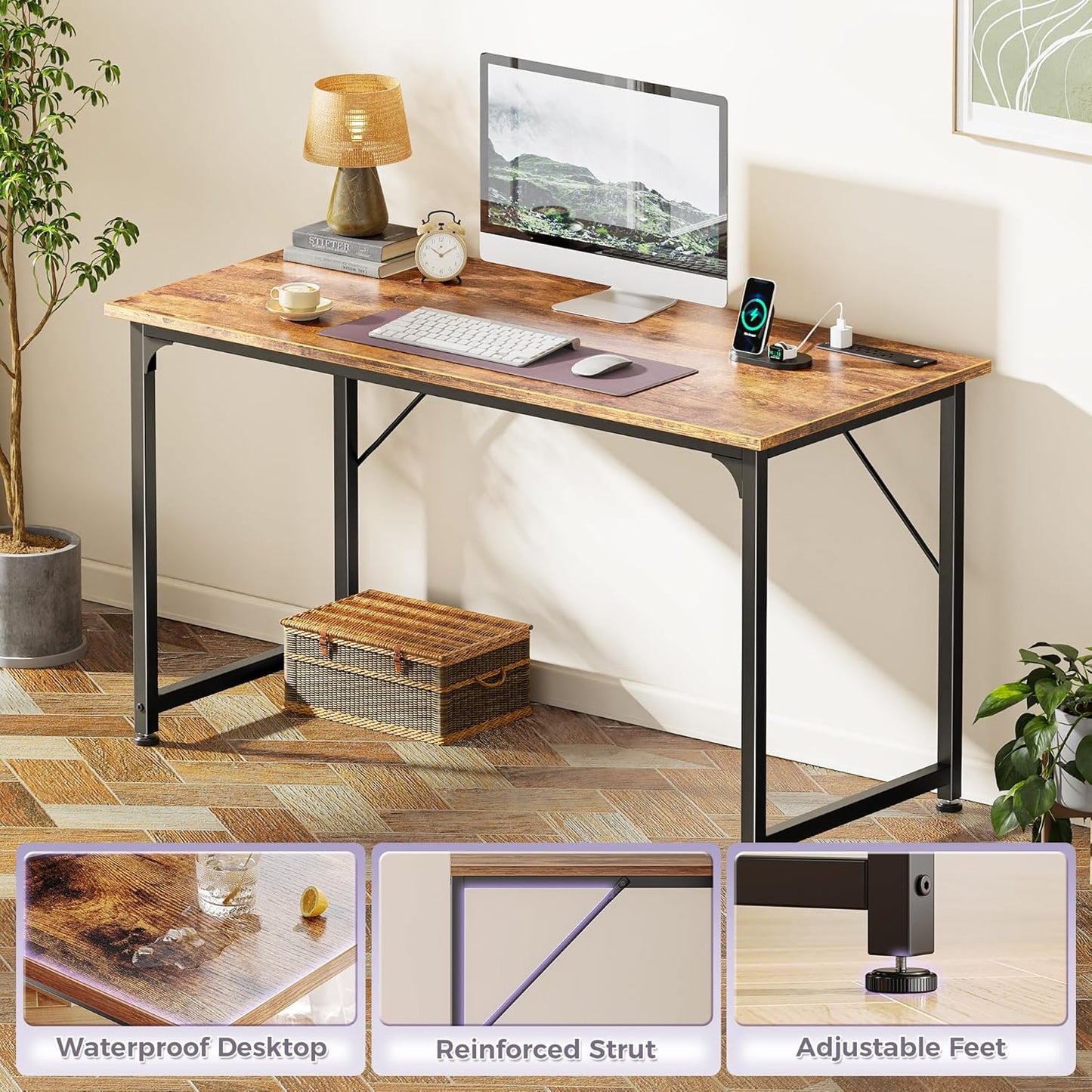 PRAISUN 47 X 20 Inch Office Computer Desk with Power Outlets and USB-C Port, Larger Gaming Desk, for Home Office, Study, Bedroom, Writing Work from Home Table, Metal Frame, Rustic Brown