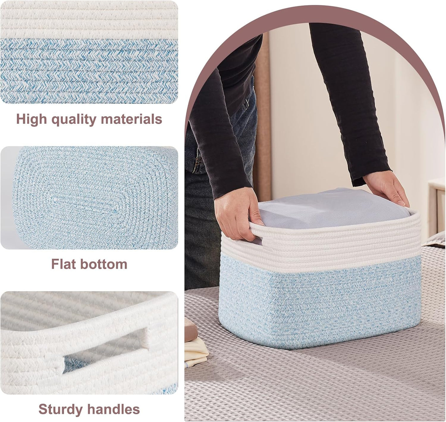OIAHOMY 4 Pack Storage Basket, 13"x9"x7.8" Cotton Rope Baskets for Shelves, Closet Organizer for Bedroom & Living Room, Soft Decorative Bins for Organizing Towels, Books & Toys, Light Blue & White