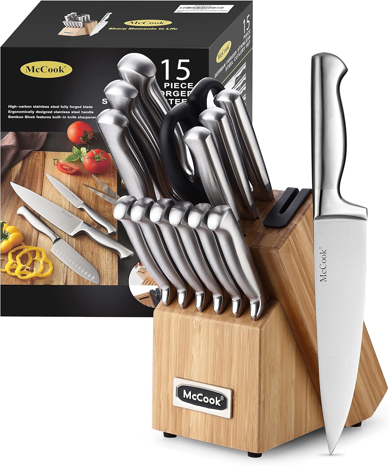 McCook® Knife Sets,German Stainless Steel Knife Block Sets with Built-in Sharpener, 15 Piece Chef Knife and More, Razor Sharp, Restaurant Grade, Anti-Rust, Elegant Box for Gift
