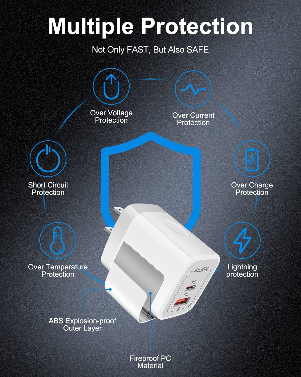 3Pack Dual Port USB-C Wall Plug-in USBC Charger, AILKIN 20W Power Delivery + QC3.0 USB A Double Port Fast Charging Block for iPhone 17 15 14 13 12 Pro Max 14 Pro Mini 16Pro Max 16 Plus 16E X XS Cube