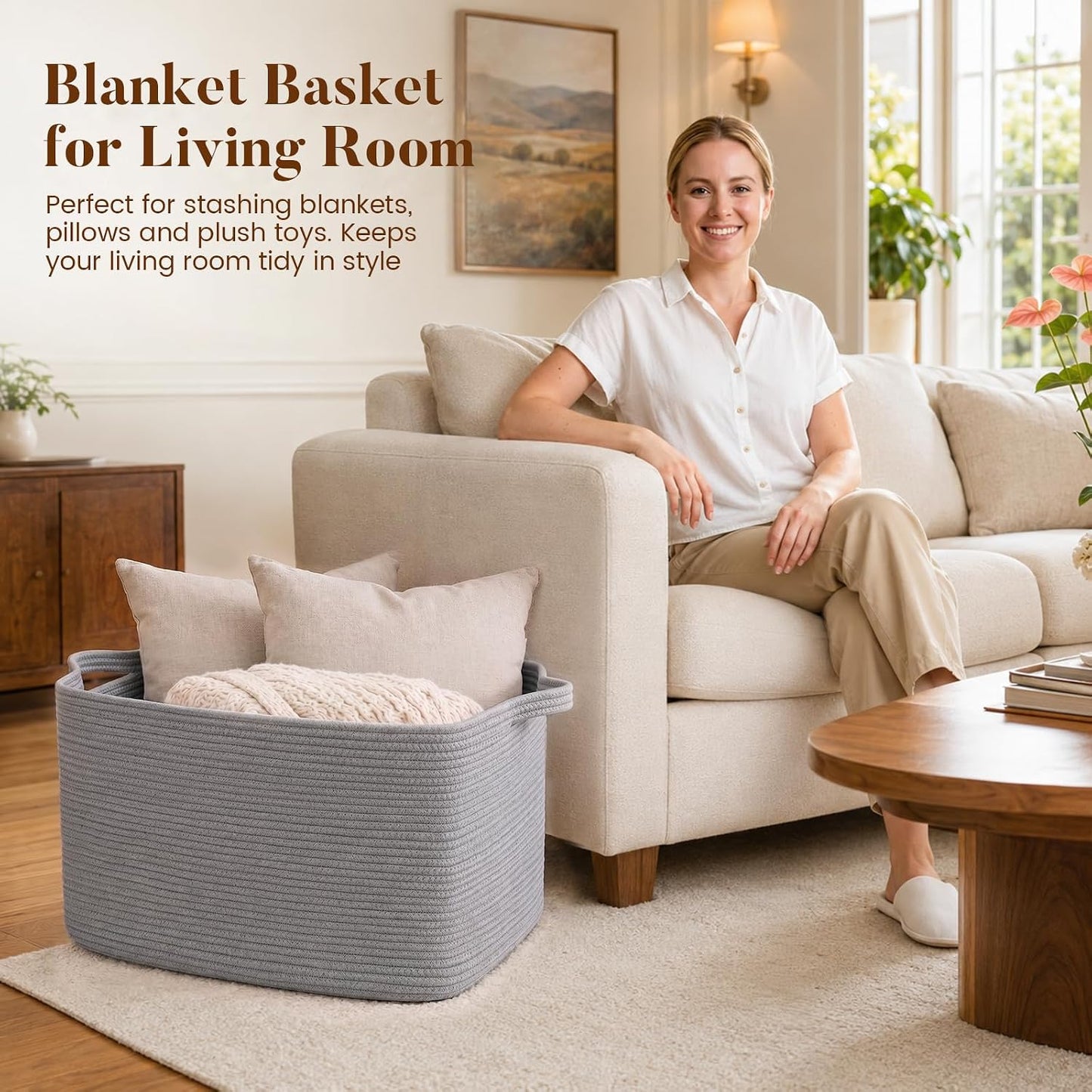65L Large Woven Blanket Basket for Living Room, 19.7"x15.7"x11.8" | Nursery Laundry Hamper with Handle for Organizing Blankets, Pillows, Toy Storage With Handle, Large Baskets for Organizing