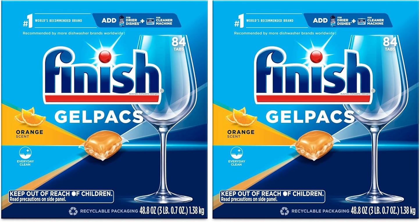 Finish Gelpacs Dishwasher Detergent Pods, Quick Dissolving Cleaning Power, Fights Grease & Dried-On Food, Easy-to-Use Pre-Measured Dishwasher Soap, Orange Scent, 84 Count