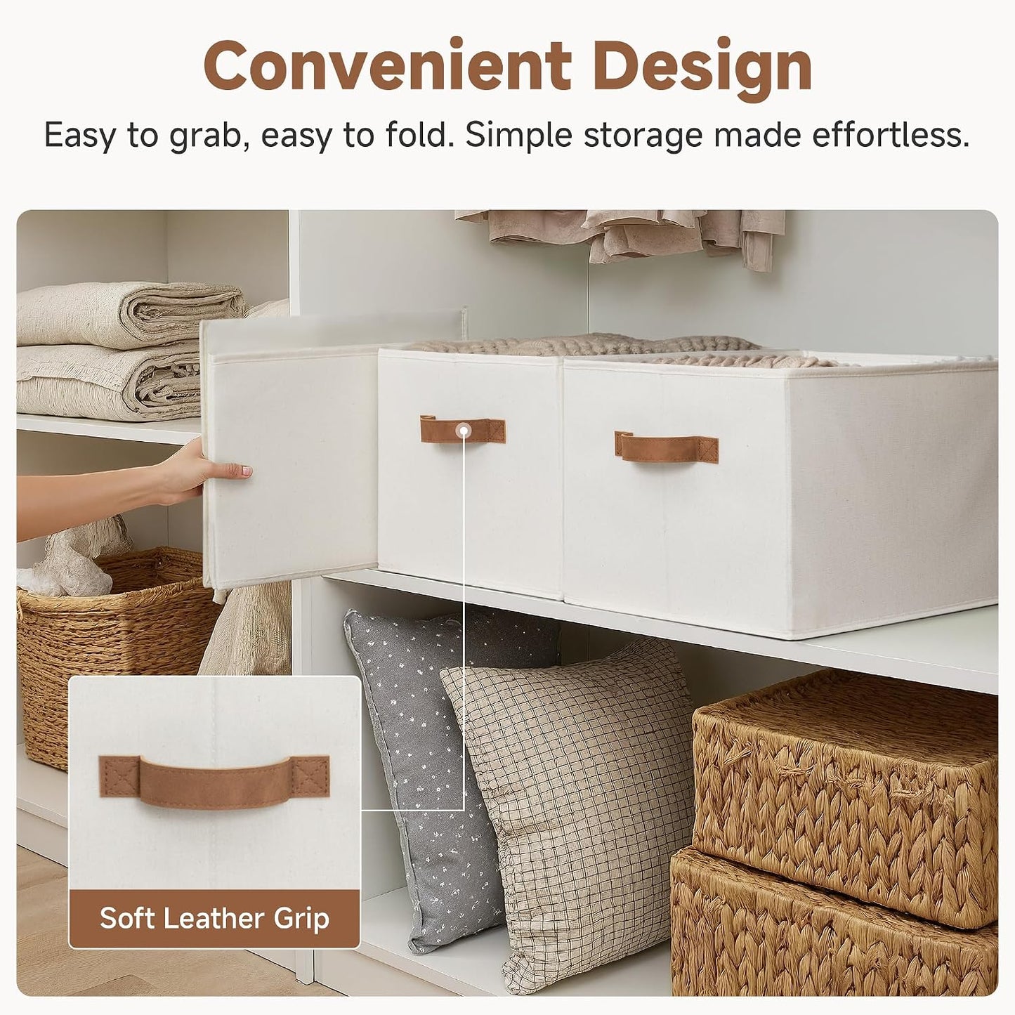StorageWorks Closet Storage Bins with PU Handles, Ivory White, Extra Large | Foldable Storage Bins with PU Handles, Closet Storage Baskets, Fabric Bins for Clothes Storage