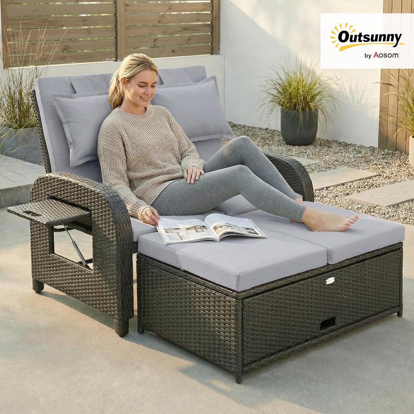 Outsunny Patio Rattan Daybed, Wicker Outdoor Daybed with Storage Ottoman, Loveseat Sofa with Adjustable Backrest, Side Tables, Cushions, Headrests, Double Sunbed Lounger for Balcony, Gray