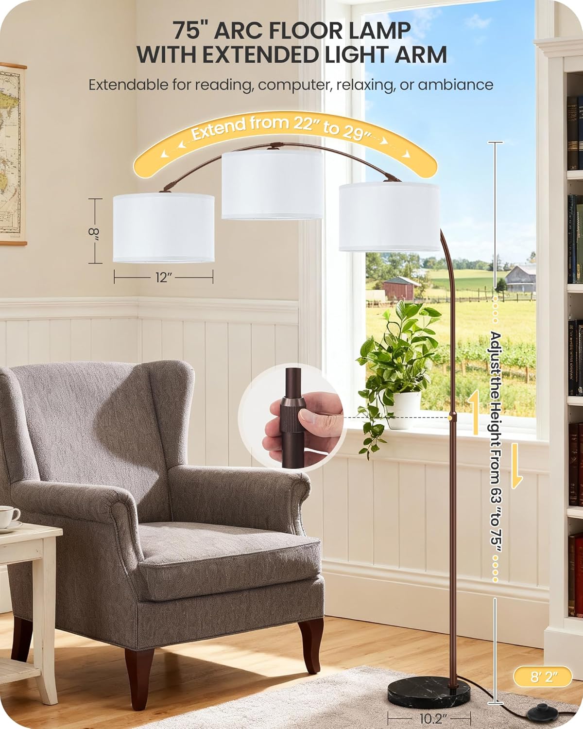 75" Arc Floor Lamp with Marble Base and Adjustable Height, Rotating Hanging Shade, Dimmable Floor Lamp for Living Room with Remote and Foot Switch, 3CCT, Over Couch Arched Light, White Brown VW15LD05