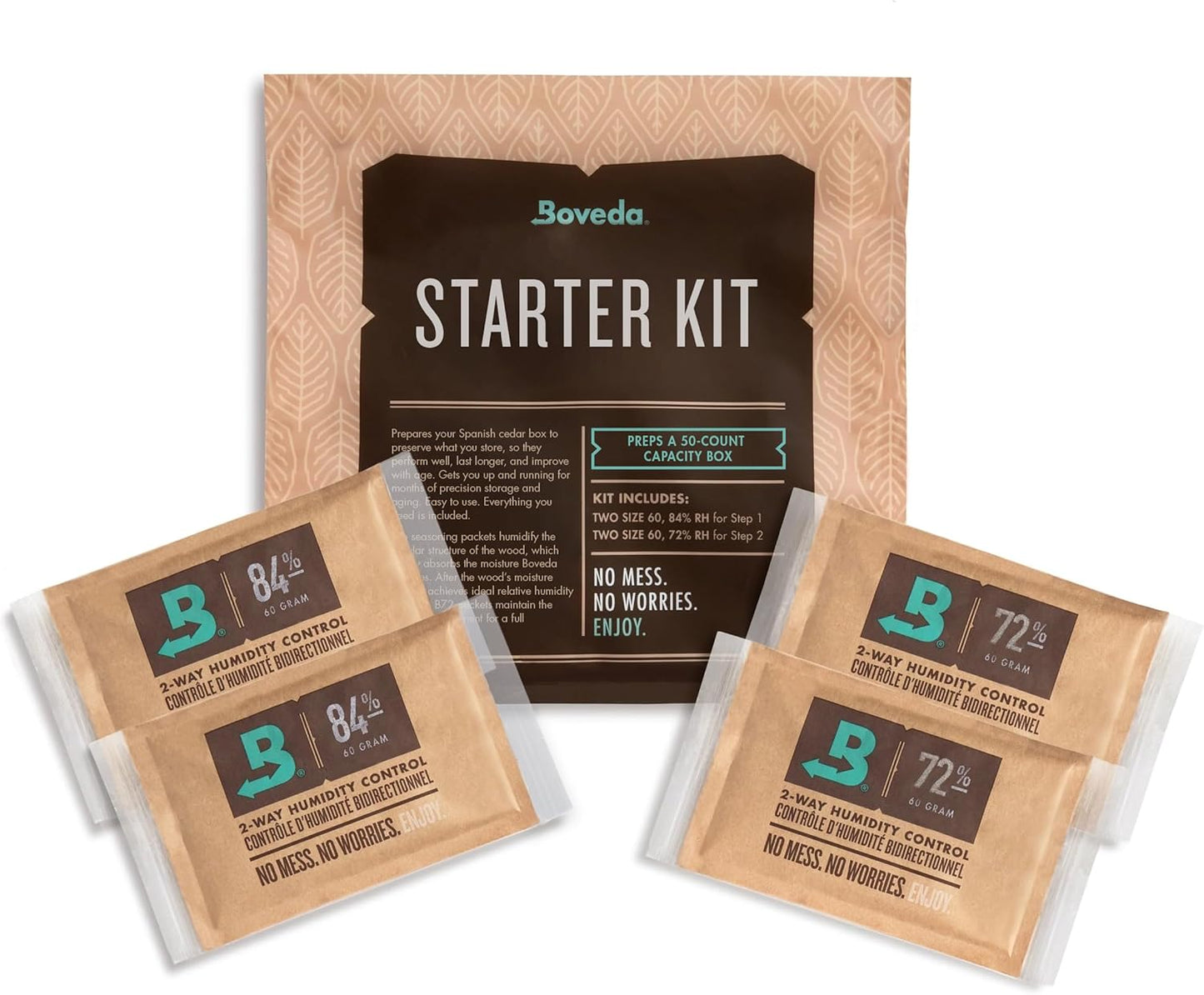 Boveda Starter Kit Bundle: Season a Wood Storage Box Plus Maintain Humidity with 2-Way Humidity Control | Includes (4) Each Size 60 Boveda 84% & 72% | 1-Count