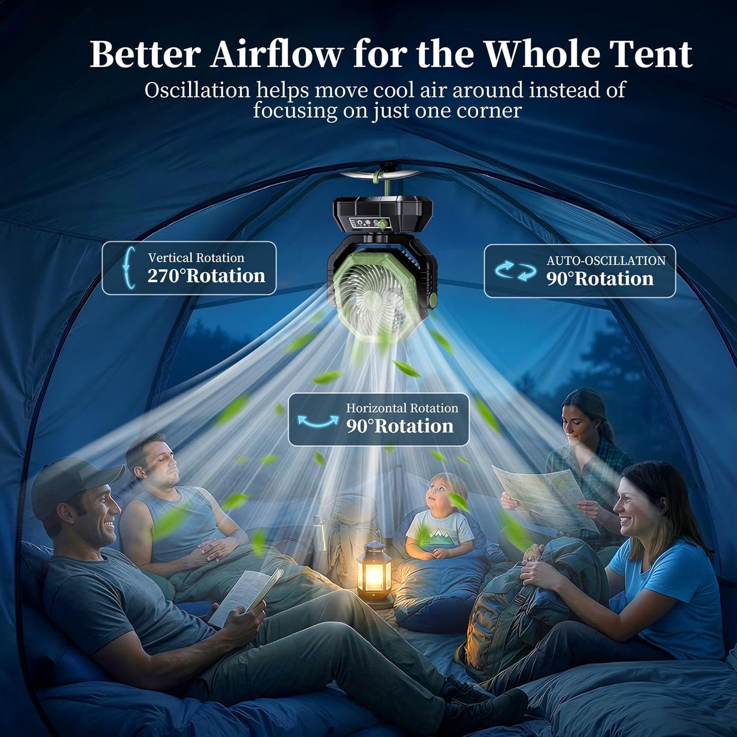 AJVV Camping Fan, Oscillating Battery Powered Portable Rechargeable Hanging Tent Fan with Light and Remote for Camp, Outdoor, Emergency Power Outage, Fishing, RV Travel, Green