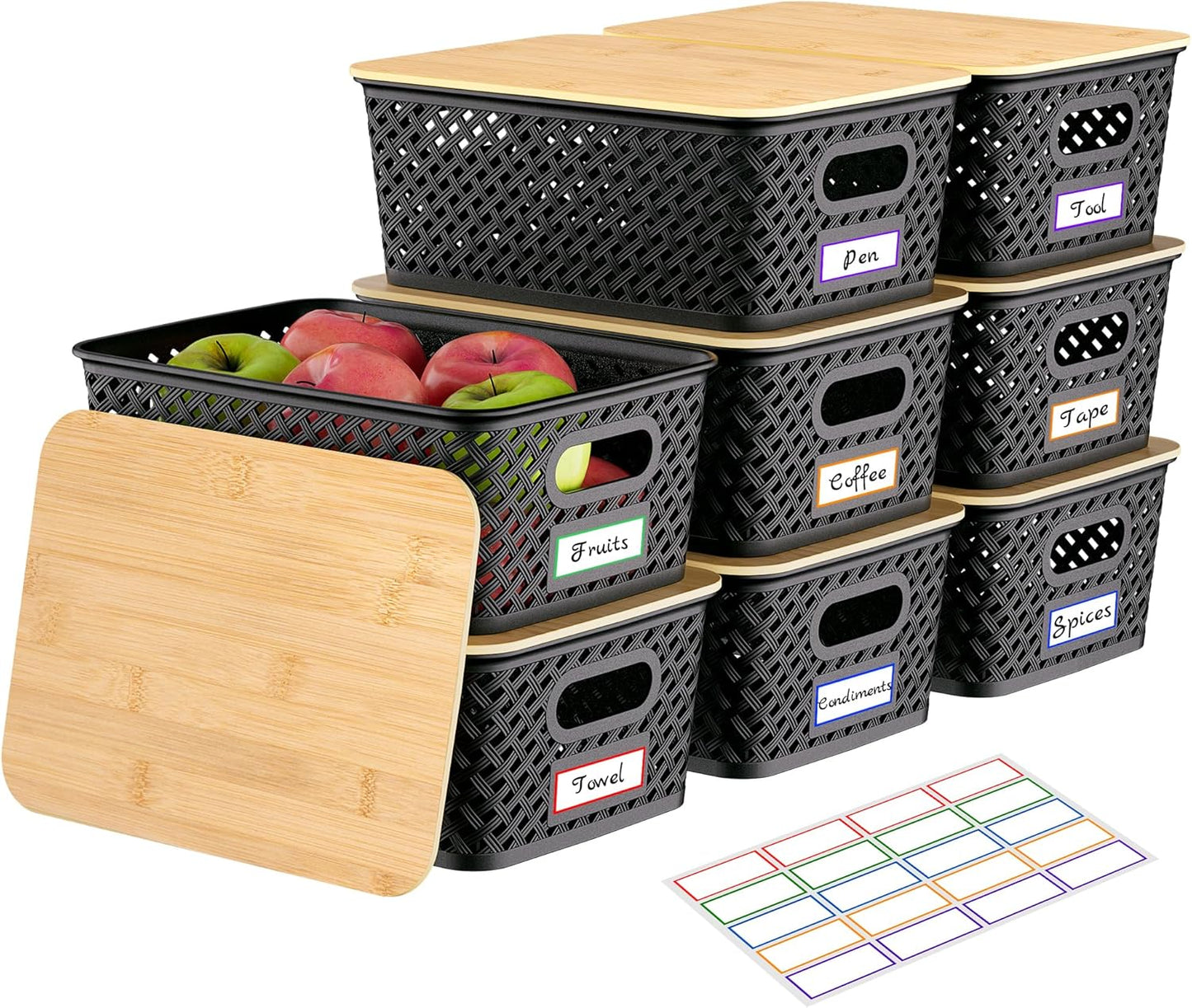 Anysig 8 Pack Plastic Storage Bins with Bamboo Lids, 5.2 QT Stackable Bins