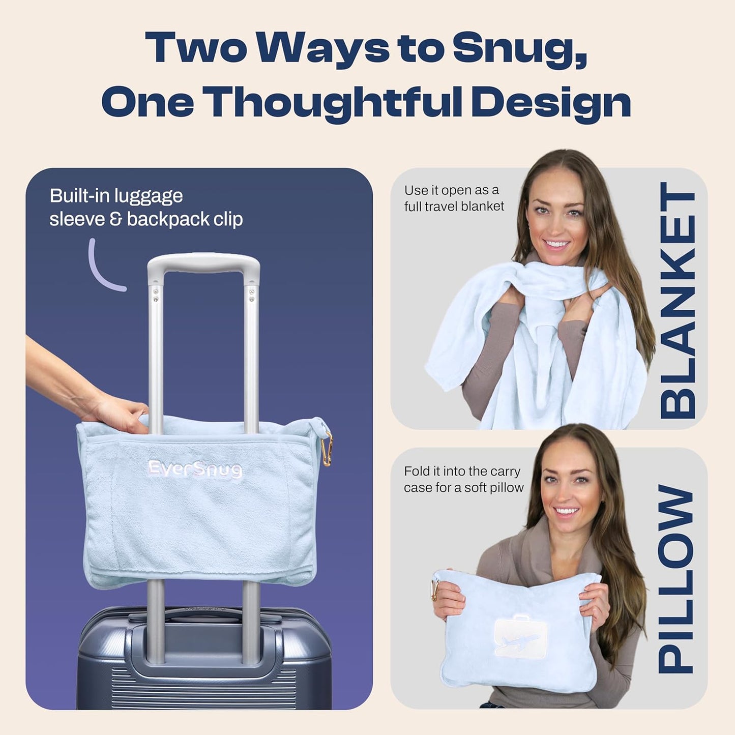 EverSnug Travel Blanket and Pillow - Ultra-Soft, Compact & Lightweight, 65x40 Inches, with Carry Case, Luggage Sleeve & Backpack Clip for Airplane Comfort (Ice Blue)