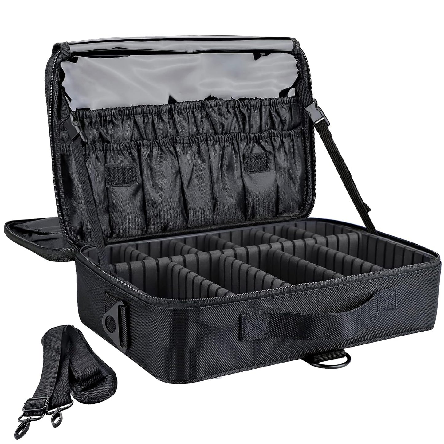 gzcz Travel Makeup Bag,Professional Cosmetic Bags for Women,Portable Makeup Brush Case Organizer Storage with Adjustable Dividers and Shoulder Strap (Medium)