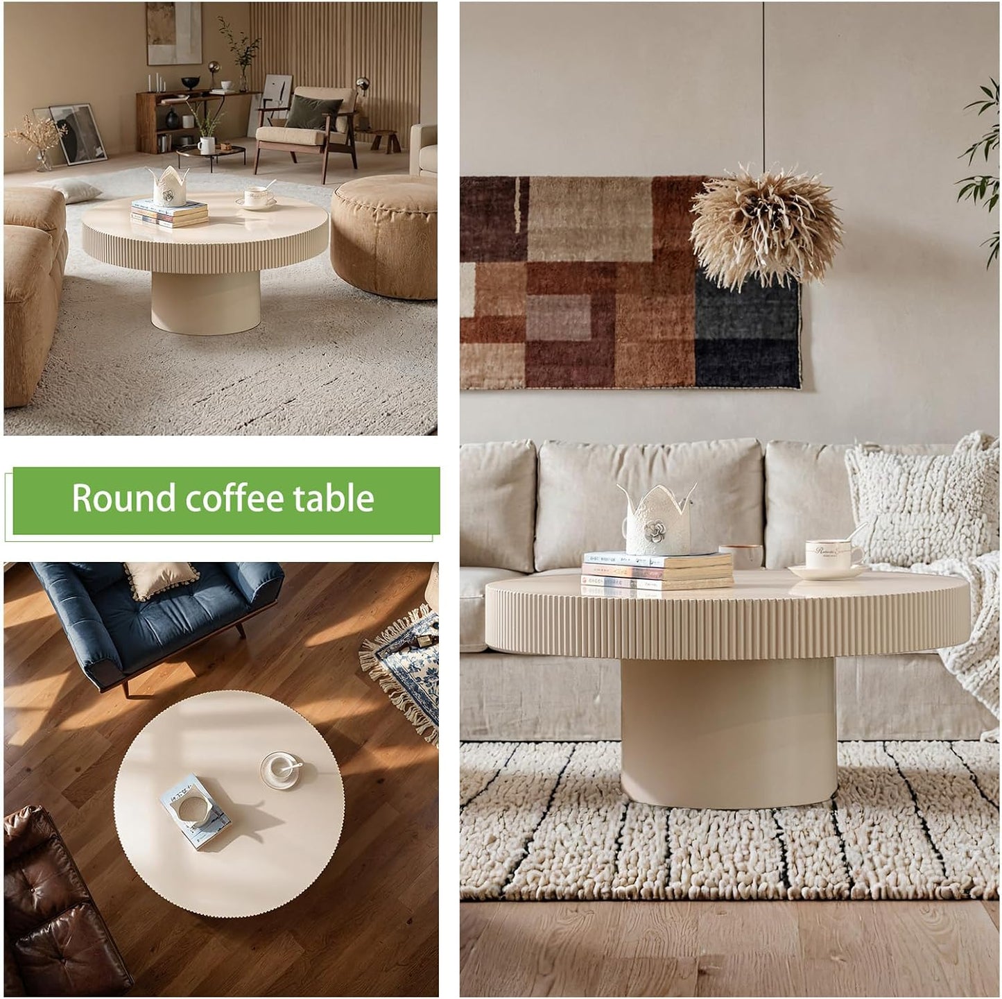 Handmade Wooden Drum Coffee Table (A White 30.7in) | Elegant Round Fluted Wood Coffee Tables, Rustic Modern Circular Centerpiece for Living Room & Farmhouse Decor