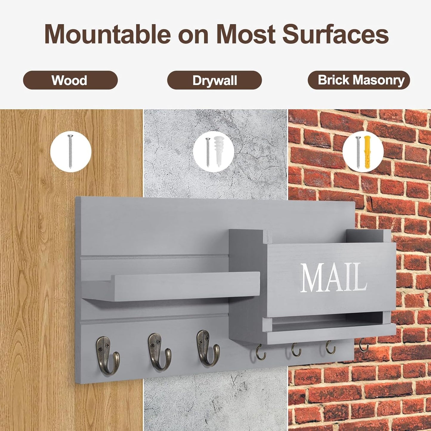 Lwenki Mail Organizer for Wall Mount – Key Holder with Shelf Includes Letter Holder and Hooks for Hallway Farmhouse Decor – Rustic Wood with Flush Mounting Hardware (16.5” x 9.1” x 3.4”) (Gray)