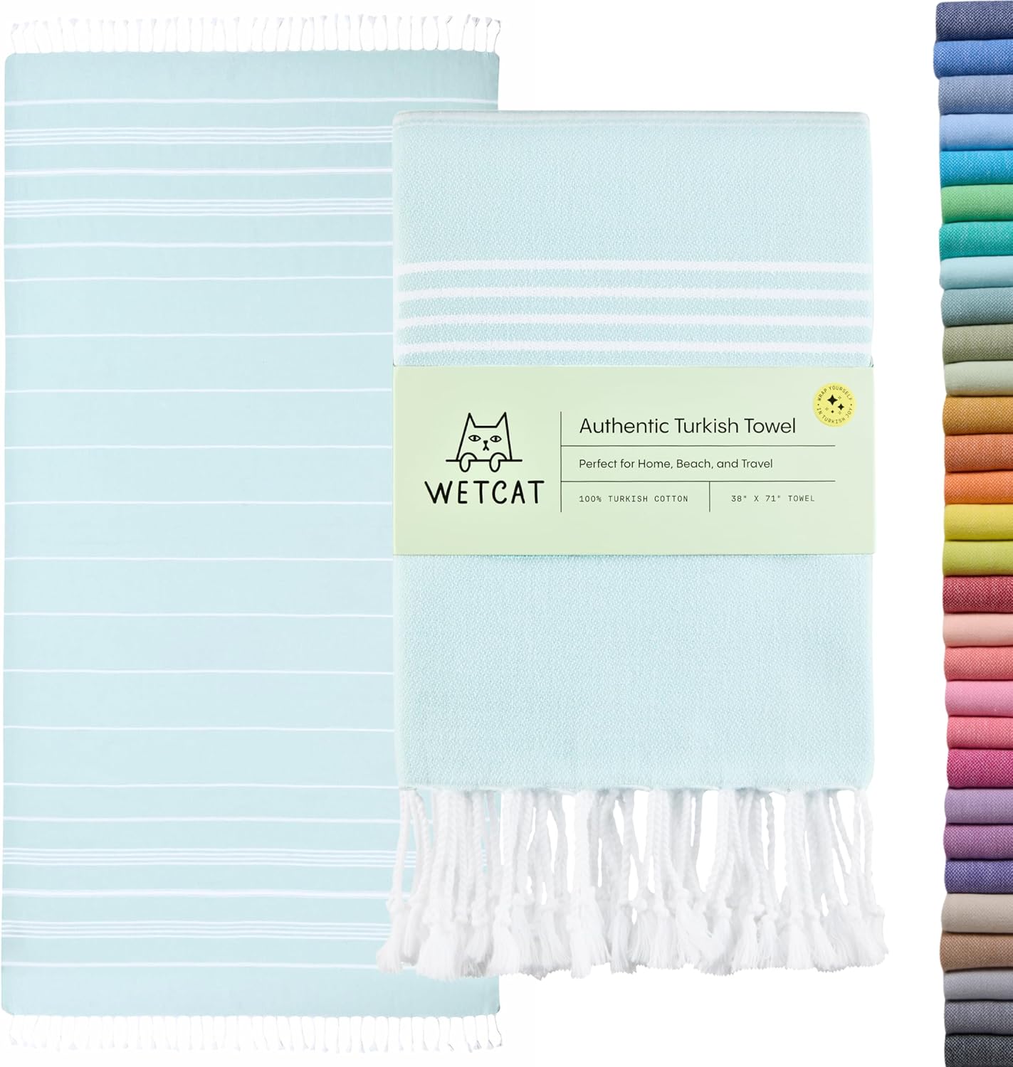 WETCAT Turkish Beach Towel Oversized (38"x71") 100% Turkish Cotton, Made in Turkey - Sand Free, Extra Large, Ultra Soft, Quick Drying, Compact & Lightweight for Travel - Aqua