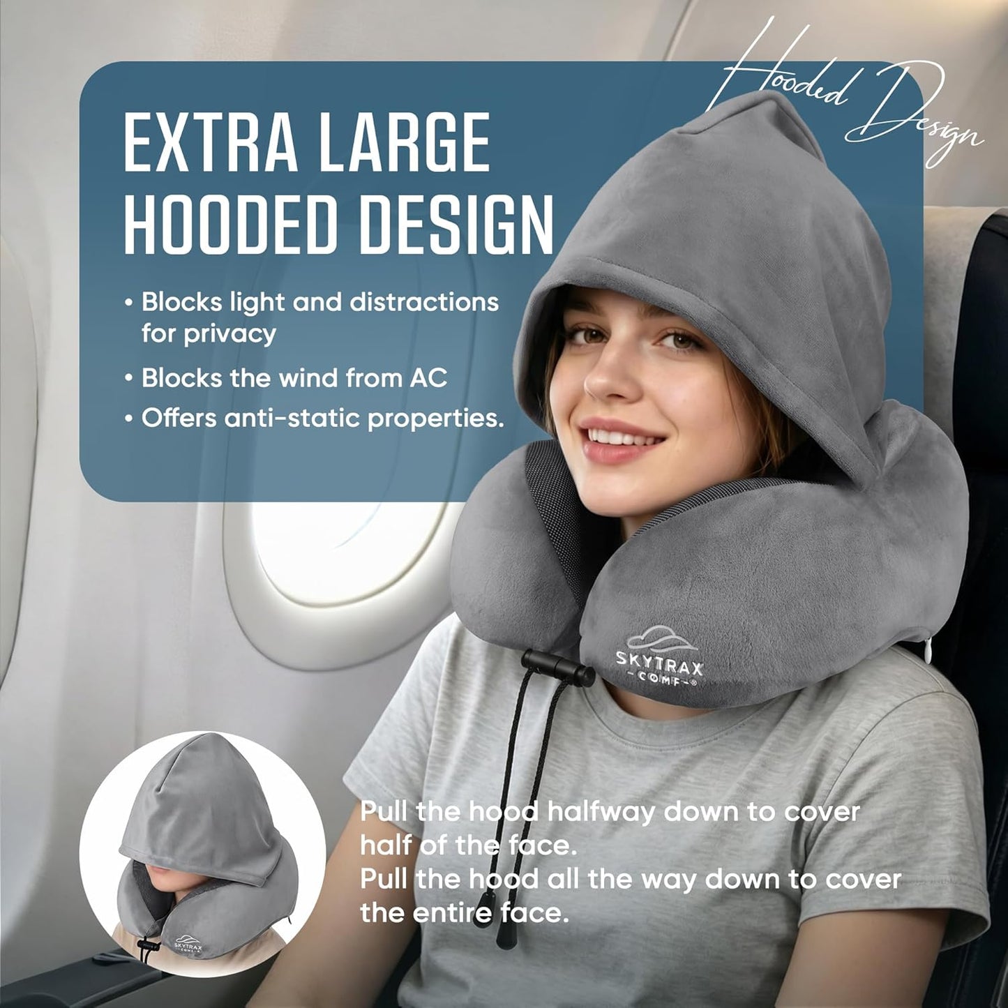 Travel Pillow with Extra Large Hood for Airplane Long Flights Privacy and Comfort Memory Foam with Velvet Cover for Road Trip Head&Neck Support for Plane Office Cars Sleeping & Rest (Light Grey)