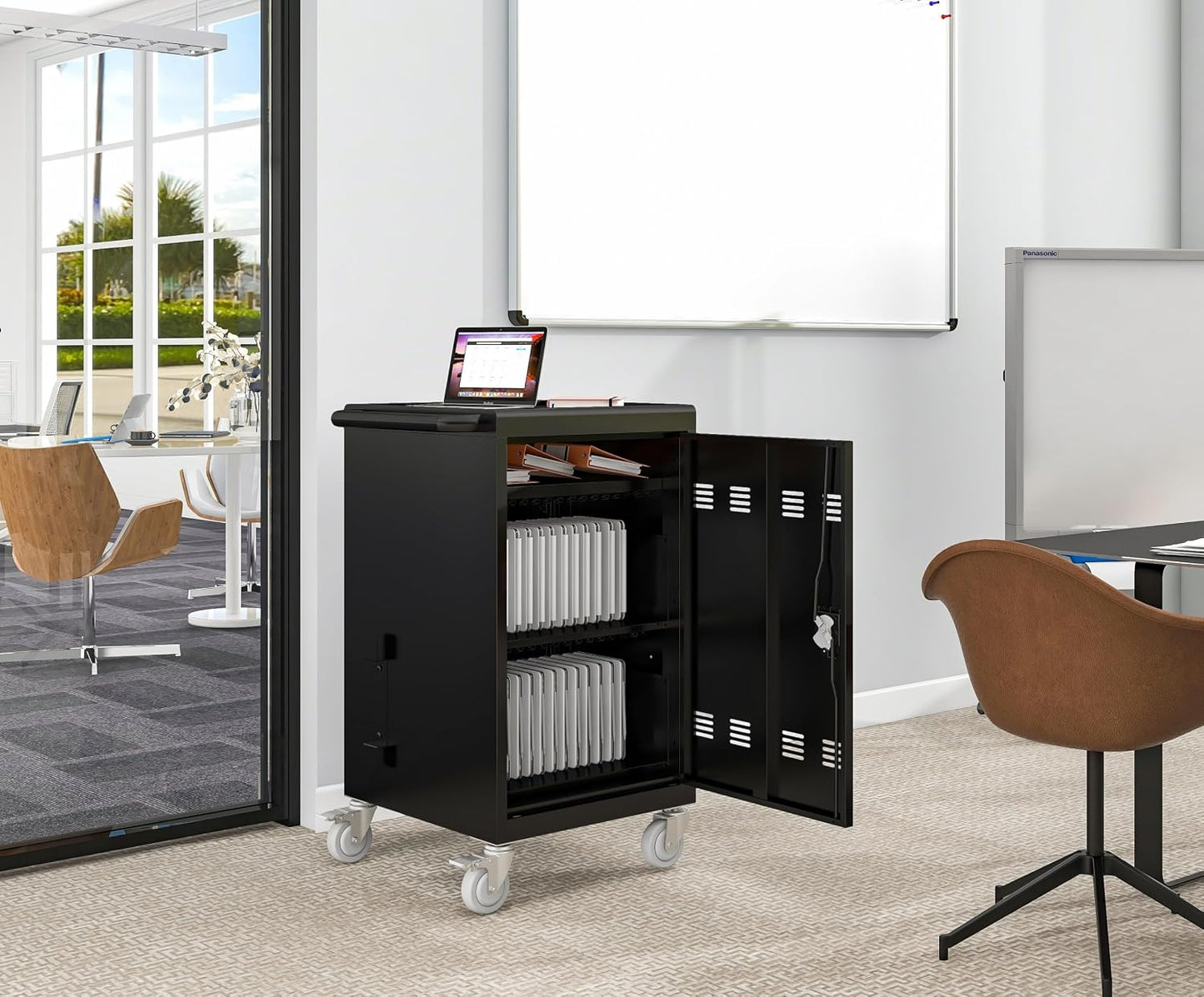 32-Port 30-Bay Charging Cart with Lock, Black | Laptop Storage, Cord Management, Access Lock, for iPads/Chromebooks up to 16.3", for School/Business