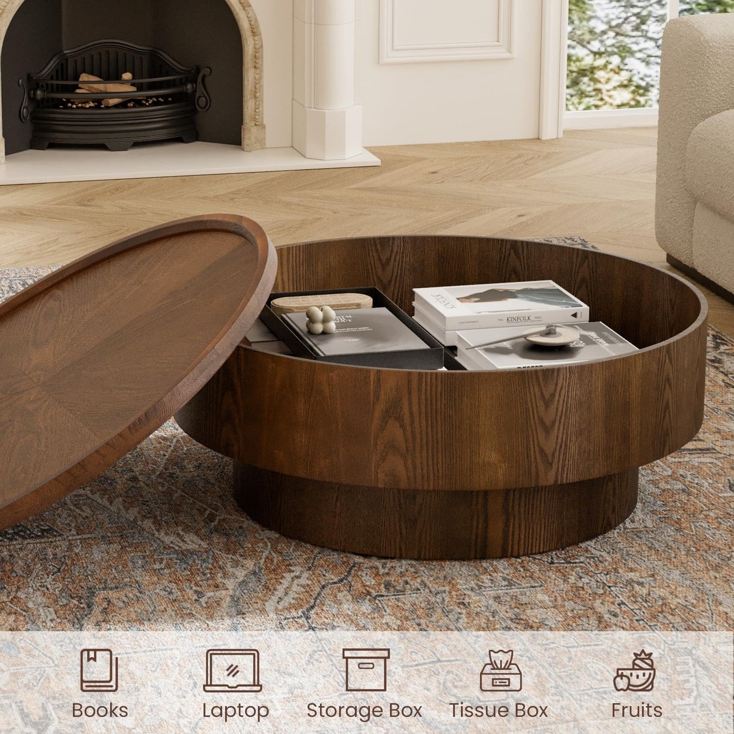 JHKZUDG 30.7" Small Round Coffee Table with Storage for Small Space | Wood Drum Coffee Table Mid Century Modern Circle Center Table Accent Tables for Living Room Apartment Easy Assembly