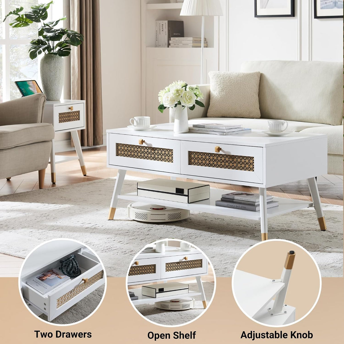 Wooden Mid Century Modern Coffee Table, Retangle Accent Center Table with Two Drawers, Coffee Tables for Living Room, White