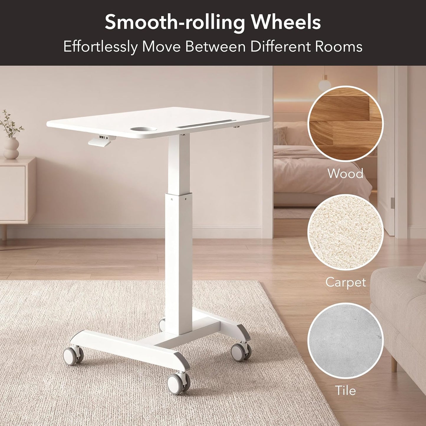 Mount-It! Laptop Cart Rolling Desk Adjustable Height with 28.5" x 22" Tabletop, Ergonomic Sit-Stand Workstation on Wheels Portable for Home Office, Dorm, Classroom, White