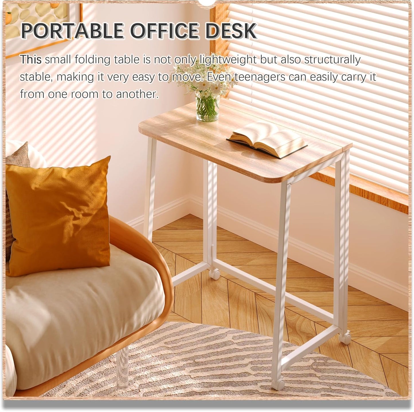 4NM 23.6" Mobile Small Folding Desk, Foldable Rolling Computer Home Office Desk, Study Writing Table for Small Space Saving Bedroom, with Wheels - Natural and White