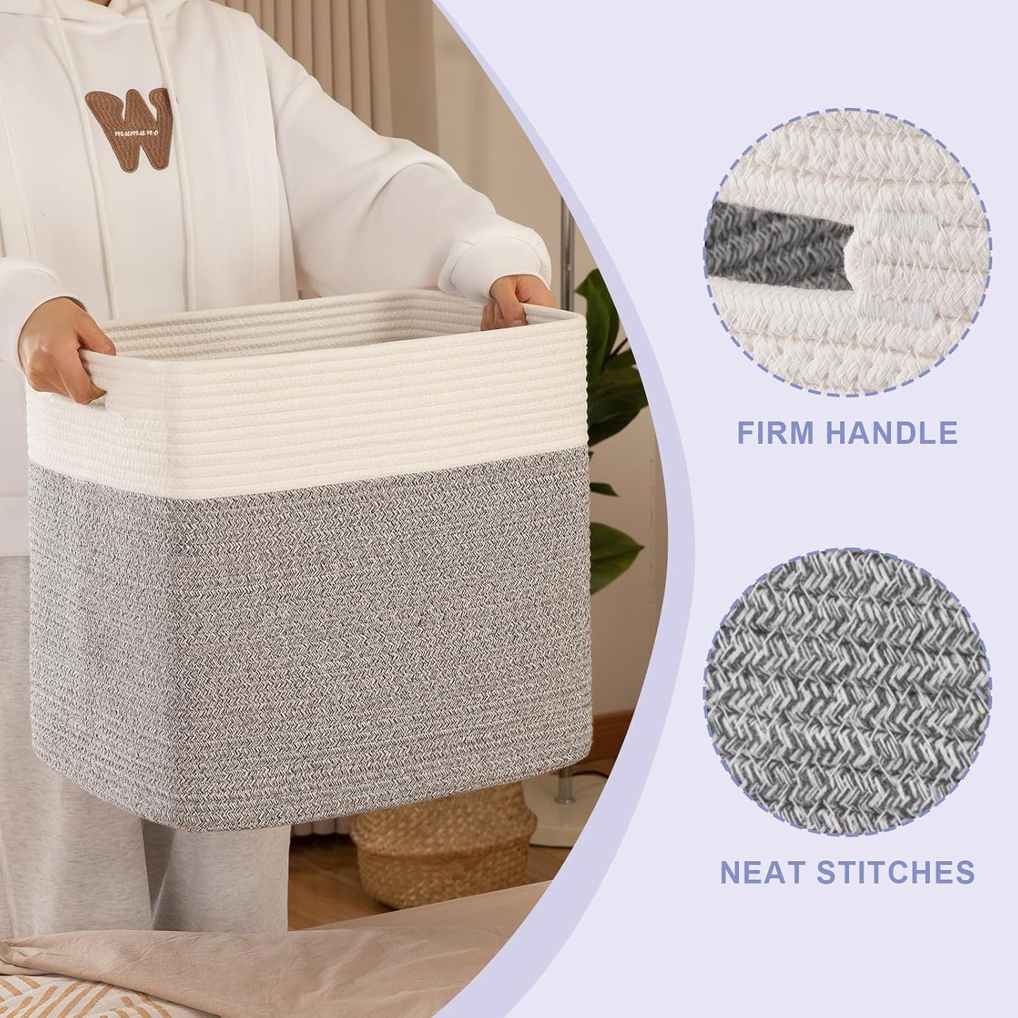 OIAHOMY 2 PACK Tall Storage baskets 55L Blanket Basket Living Room Grey | Large Collapsible Storage Bins Narrow Basket Baskets for Closet Organization Storage Baskets for Shelves Toy Storage Basket