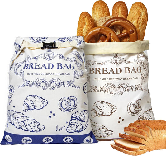 2 Pack Bread Bag for Homemade Bread,17“x12 Reusable Beewax Food Storage Bags with Beeswax Lining,Natural Cotton Storage Bag Sourdough Bread Bags,XL Beeswax Bread Bag for Fresh Bread Storage