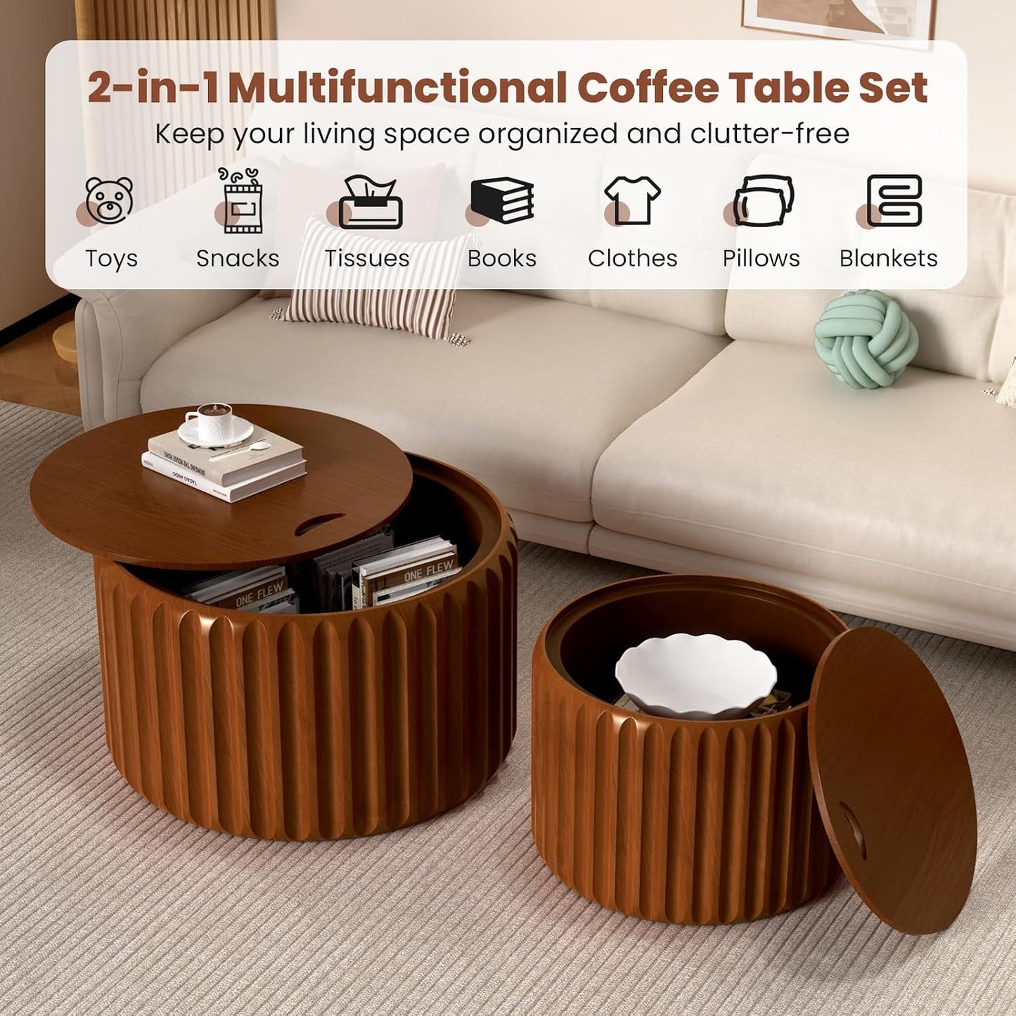 Round Fluted Nesting Coffee Table Set of 2 with Storage (Brown set of 2) | Wooden Coffee Table with Removable Lid Modern Handcraft Drum Accent End Table for Living Room Small Space Apartment