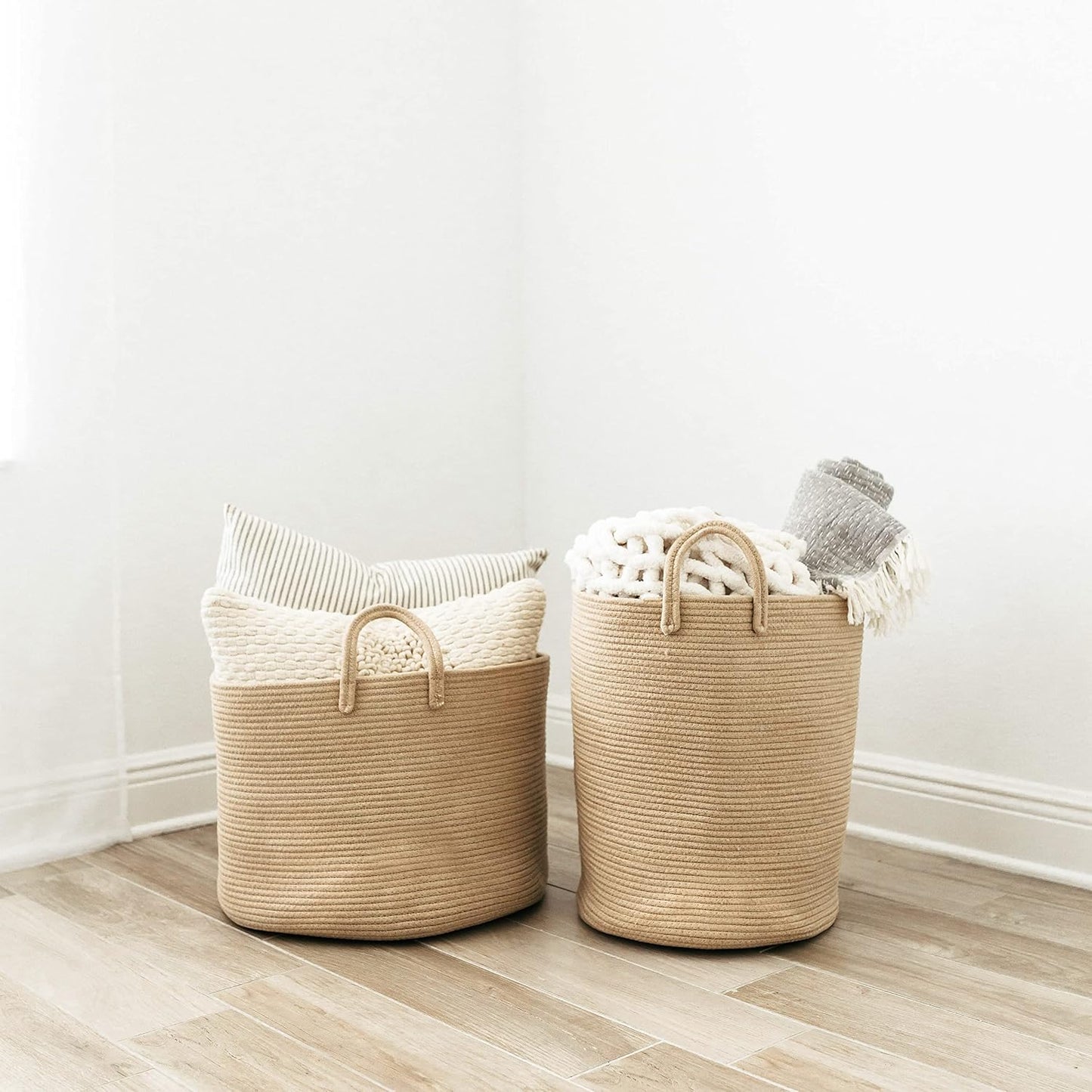 OrganiHaus Tall Cotton Rope Laundry Basket & Hamper, Blanket Storage 52L | Full Honey - Tall Cotton Rope Hamper, 52L